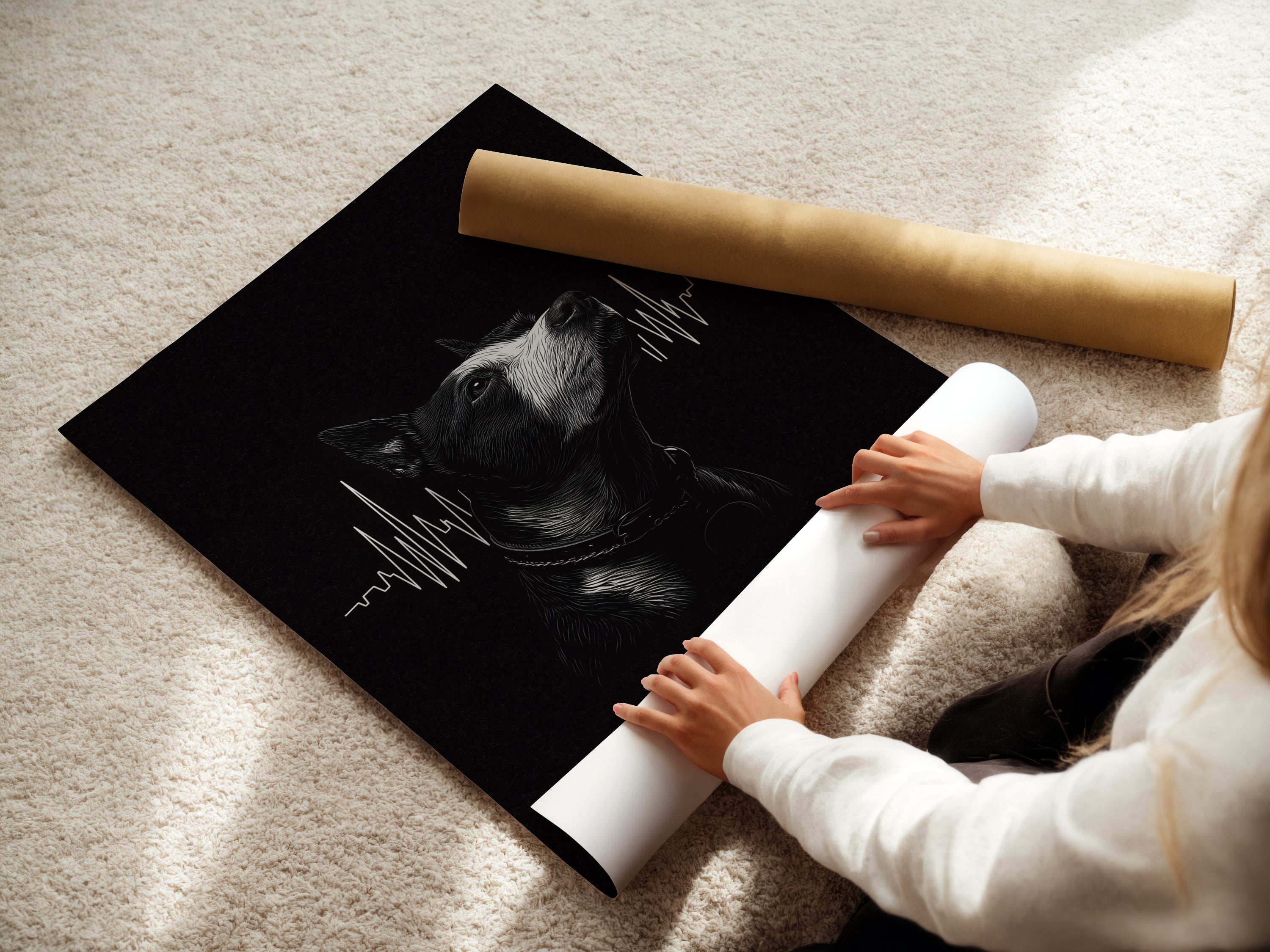 A woman is carefully rolling a fine art poster paper print of a dog heartbeat artwork. The high-quality paper ensures a vibrant and lasting piece. Perfect for framing or displaying as a poster.