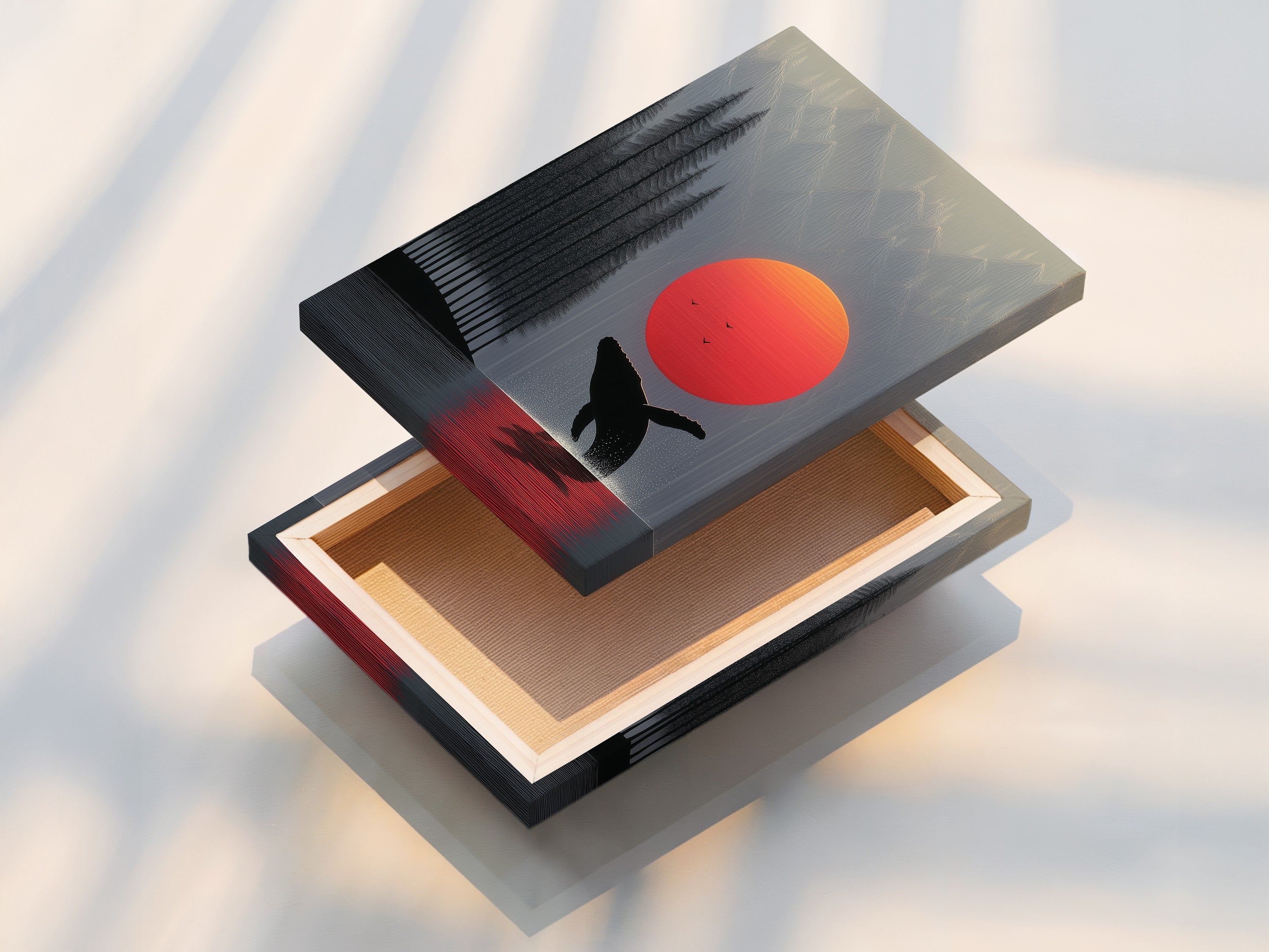 A stretched canvas print of the Whale Sunset artwork. This minimalist art is ready to hang and enjoy. The ocean canvas adds a touch of coastal nature to your walls. Perfect for bedroom wall decor and creating a relaxing space. Enhance your home today.