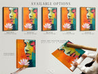 Available options: stretched canvas print fine art poster paper and floating frame. Showcasing abstract woman portrait art with a lotus flower. Choose the perfect format to complement your style. Elevate your space with colorful artwork.