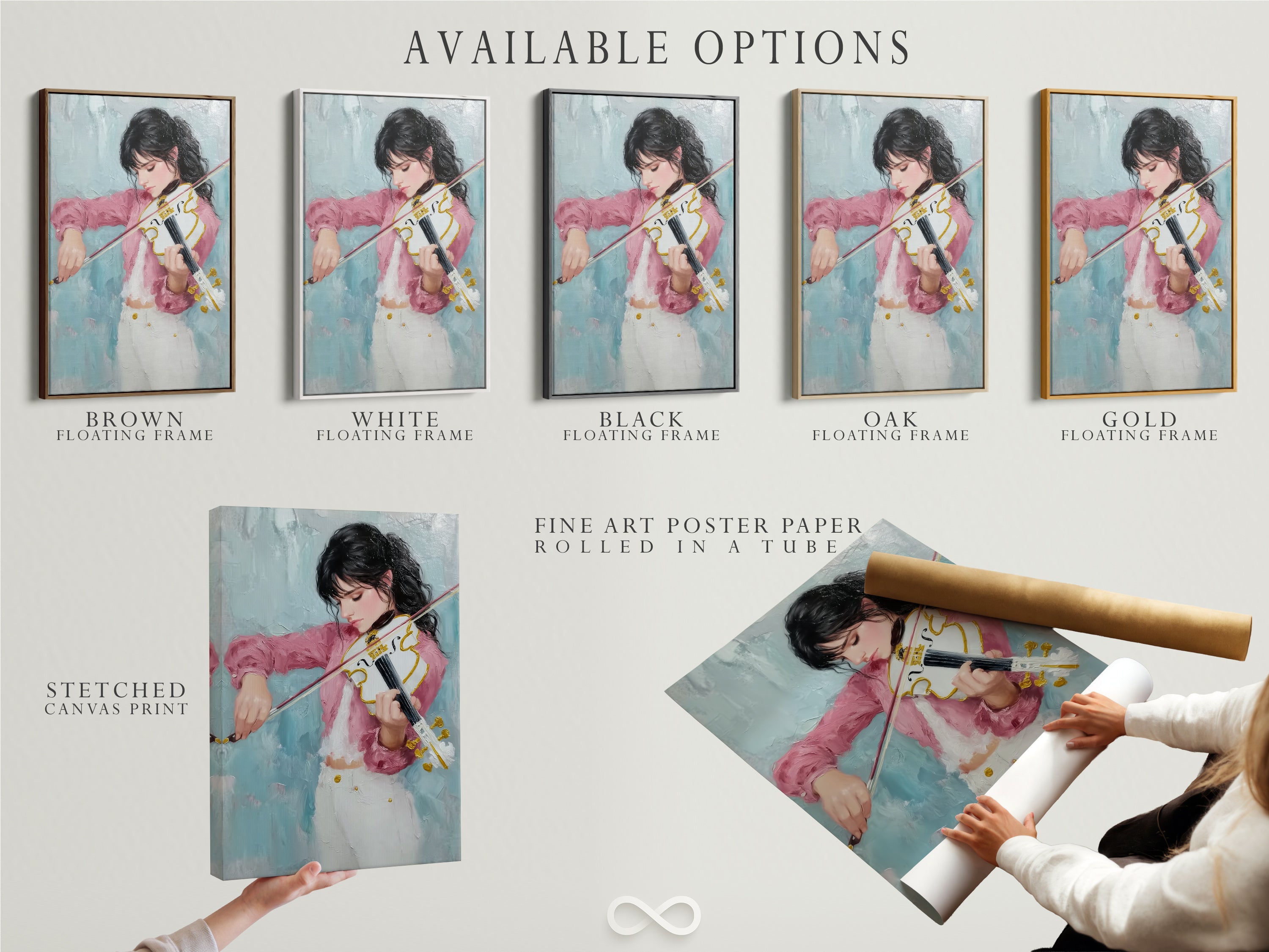 Explore available options for the violinist artwork. Choose from a stretched canvas print a fine art poster or a floating frame. Enhance your space with this musical artwork. This pink and teal wall artwork makes a unique gift for musicians and art collectors.
