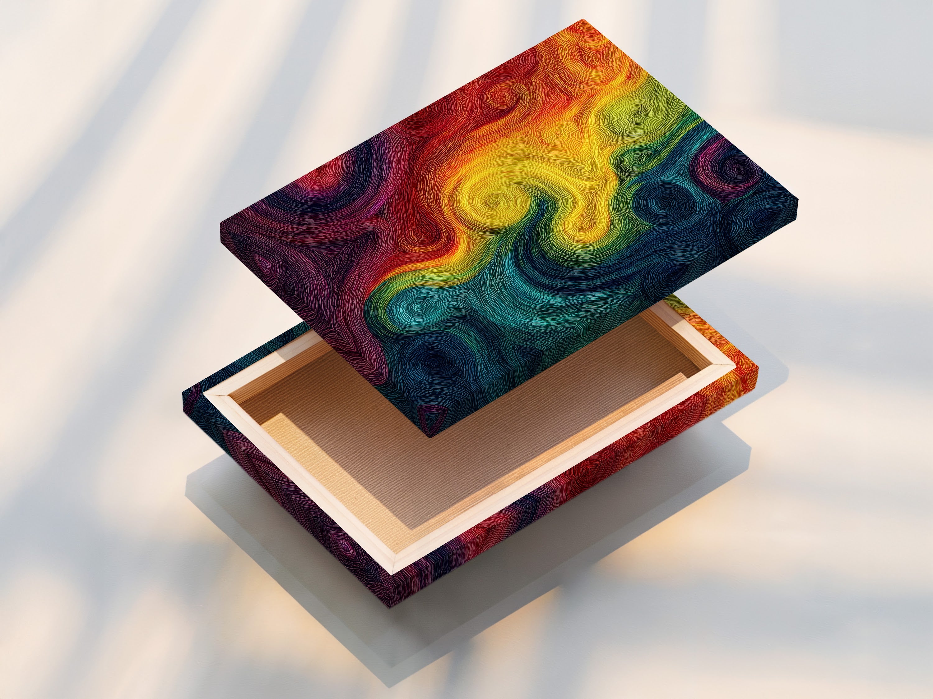 This is a stretched canvas print showcasing an abstract swirl artwork. The colorful rainbow design brings a modern psychedelic feel. Perfect for adding a contemporary touch to living rooms bedrooms or offices. It transforms any space with vibrant art.