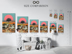 A size comparison chart is displayed in an interior setting alongside the Indian Village artwork. This visual guide helps customers visualize the artwork in different dimensions. It ensures the perfect fit for their space and global art needs.