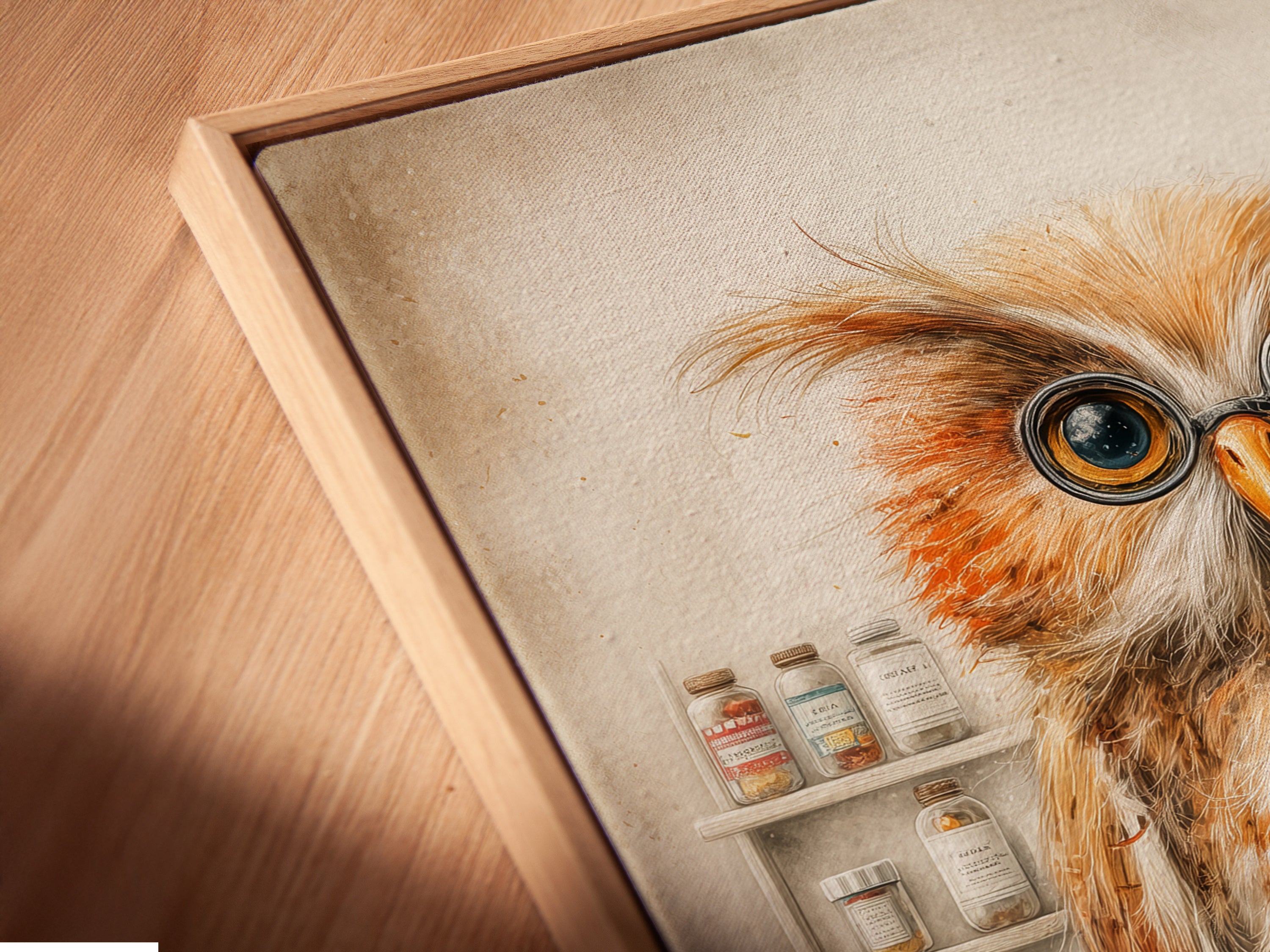Close-up of a canvas print in a floating frame. The owl apothecary artwork is highlighted. Its rustic style and brown primary color create a vintage feel. This piece is perfect for office wall art. The floating frame adds a modern touch to the whimsical owl art. A great choice for professionals.