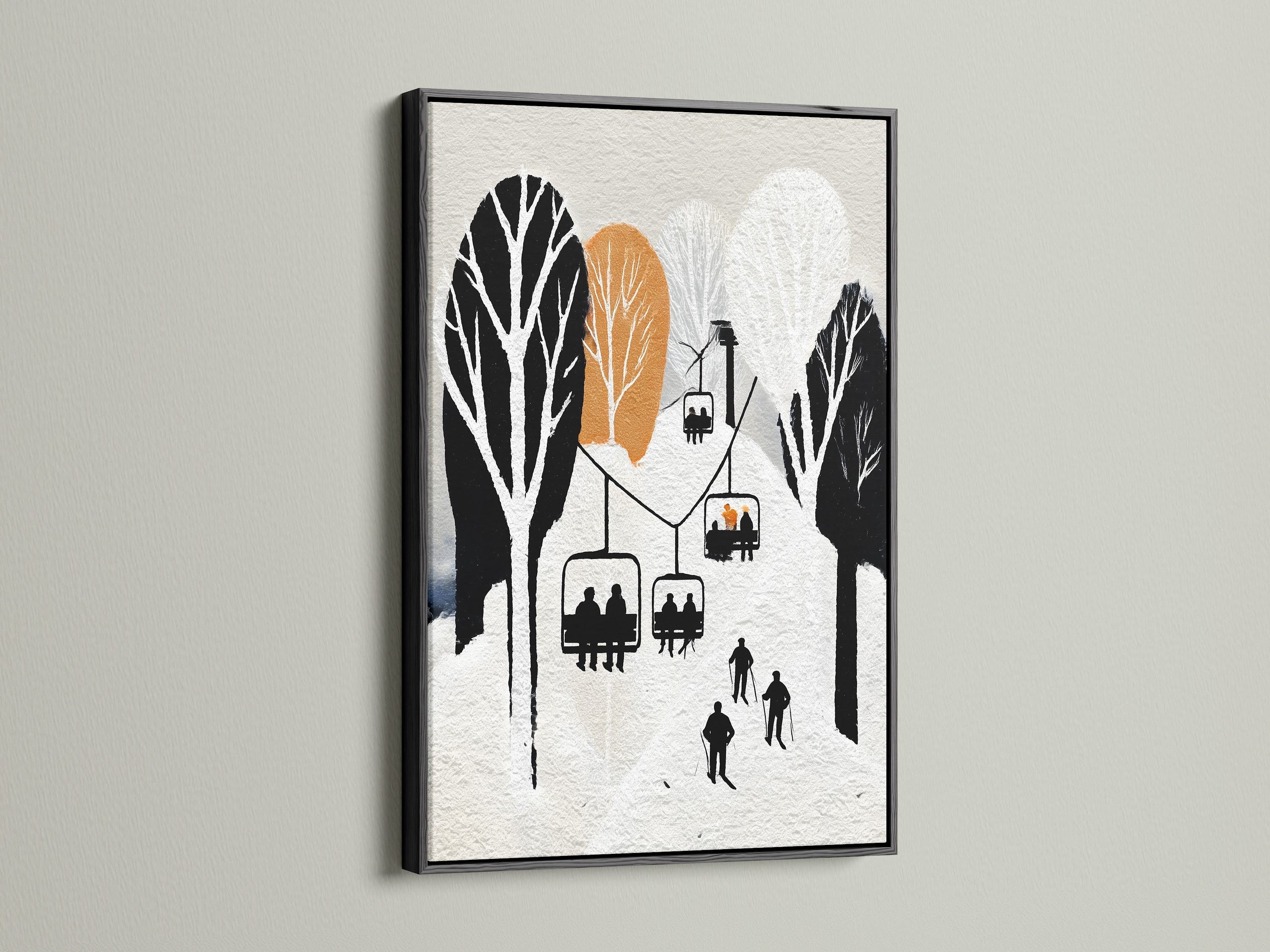This image presents a ski lift artwork in a black frame. A winter wall art piece adds a vintage ski resort poster look to cabin decor. The snowy alpine artwork complements lodge aesthetics. Minimalist mountain canvas perfect for living rooms bedrooms and ski chalets.