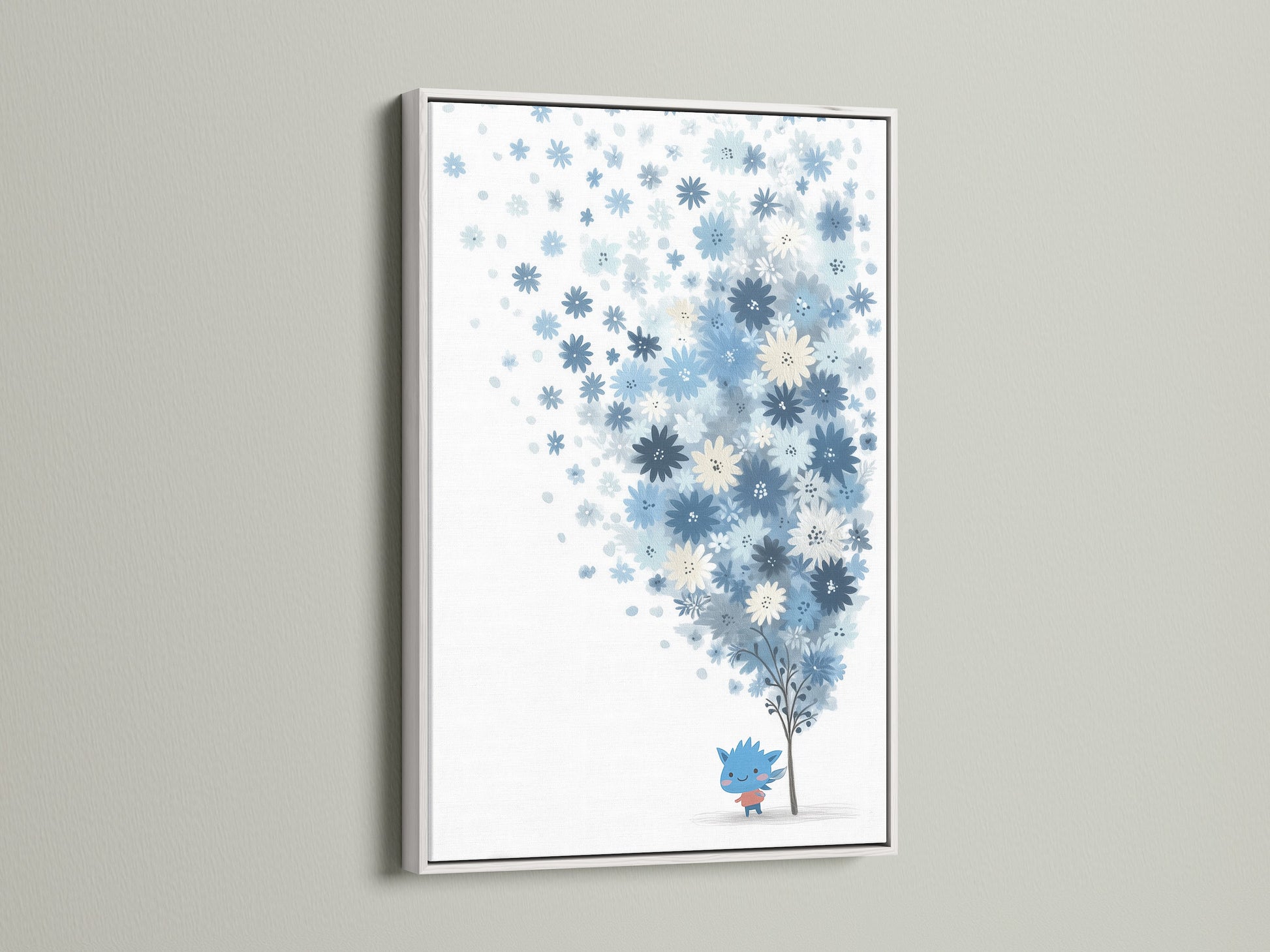 A blue floral canvas print showcased in a clean white frame on a white wall. The whimsical flower tree art adds a modern touch. This pastel botanical art is ideal for nursery decor. It brings a fresh and airy feel to any space.