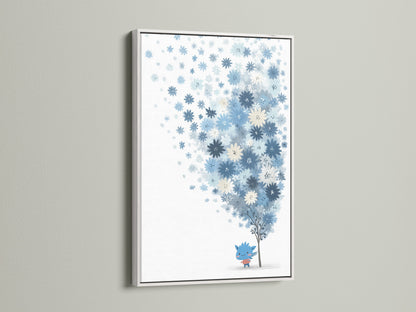 A blue floral canvas print showcased in a clean white frame on a white wall. The whimsical flower tree art adds a modern touch. This pastel botanical art is ideal for nursery decor. It brings a fresh and airy feel to any space.