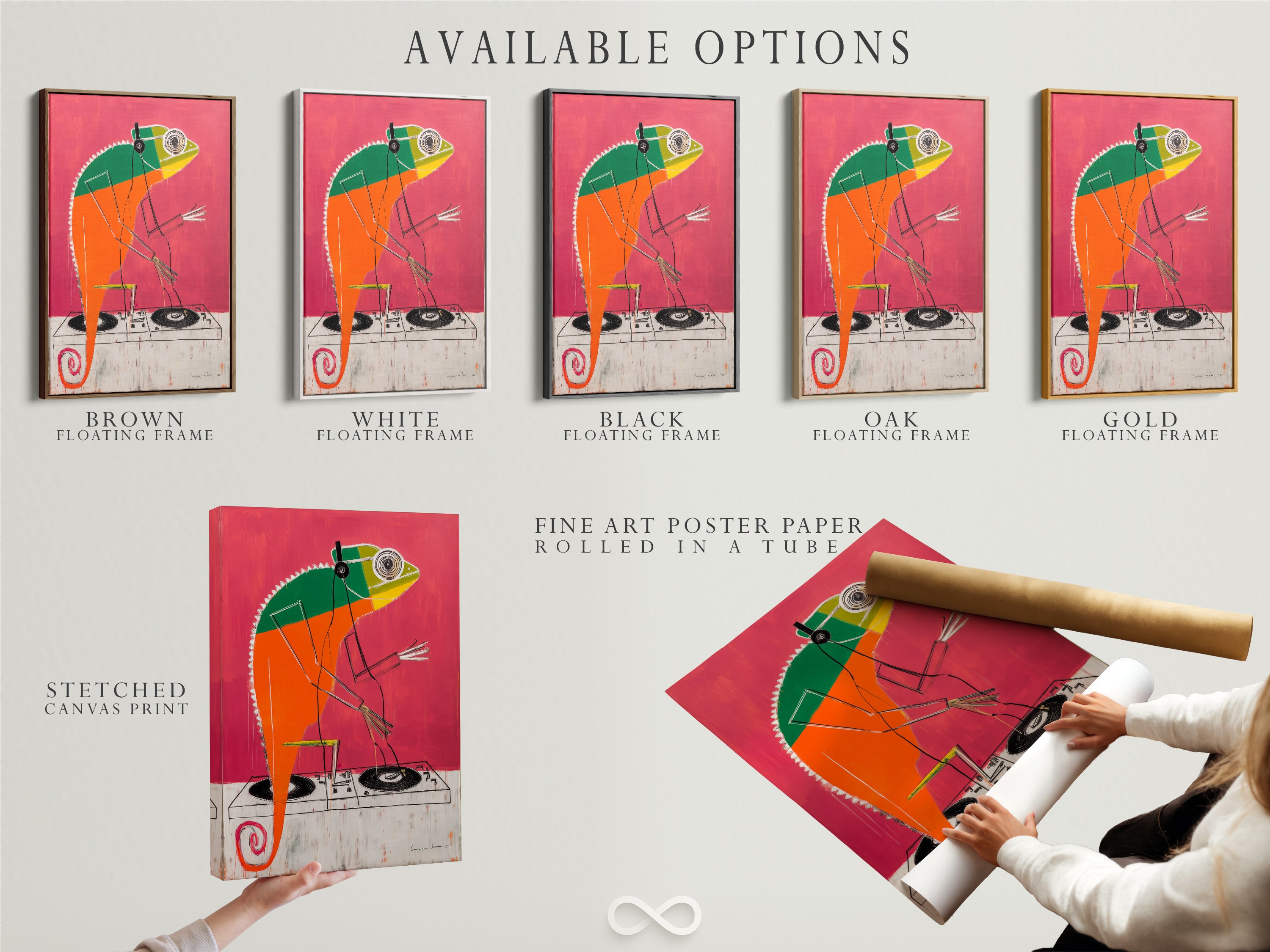 Available options for the DJ Chameleon artwork. Options include a stretched canvas print fine art poster paper and a floating frame. Customize your music-themed art to match your personal style and decor.