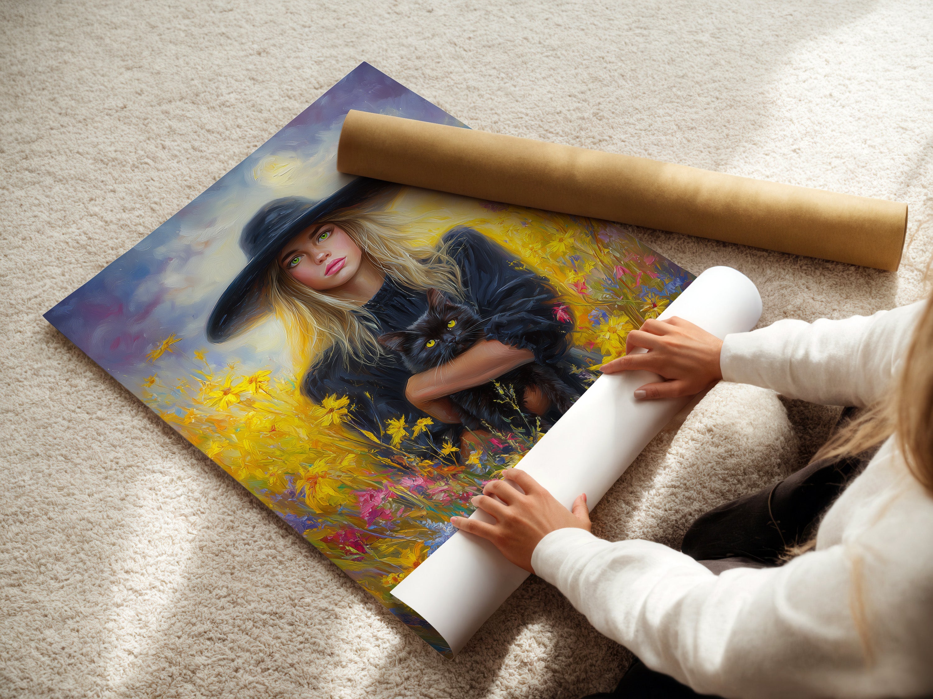A woman is carefully rolling a fine art poster paper. This paper is ideal for high-quality art prints and reproductions. Preserve your artwork with premium materials designed for longevity. Enjoy gallery-quality prints from your favorite artwork.