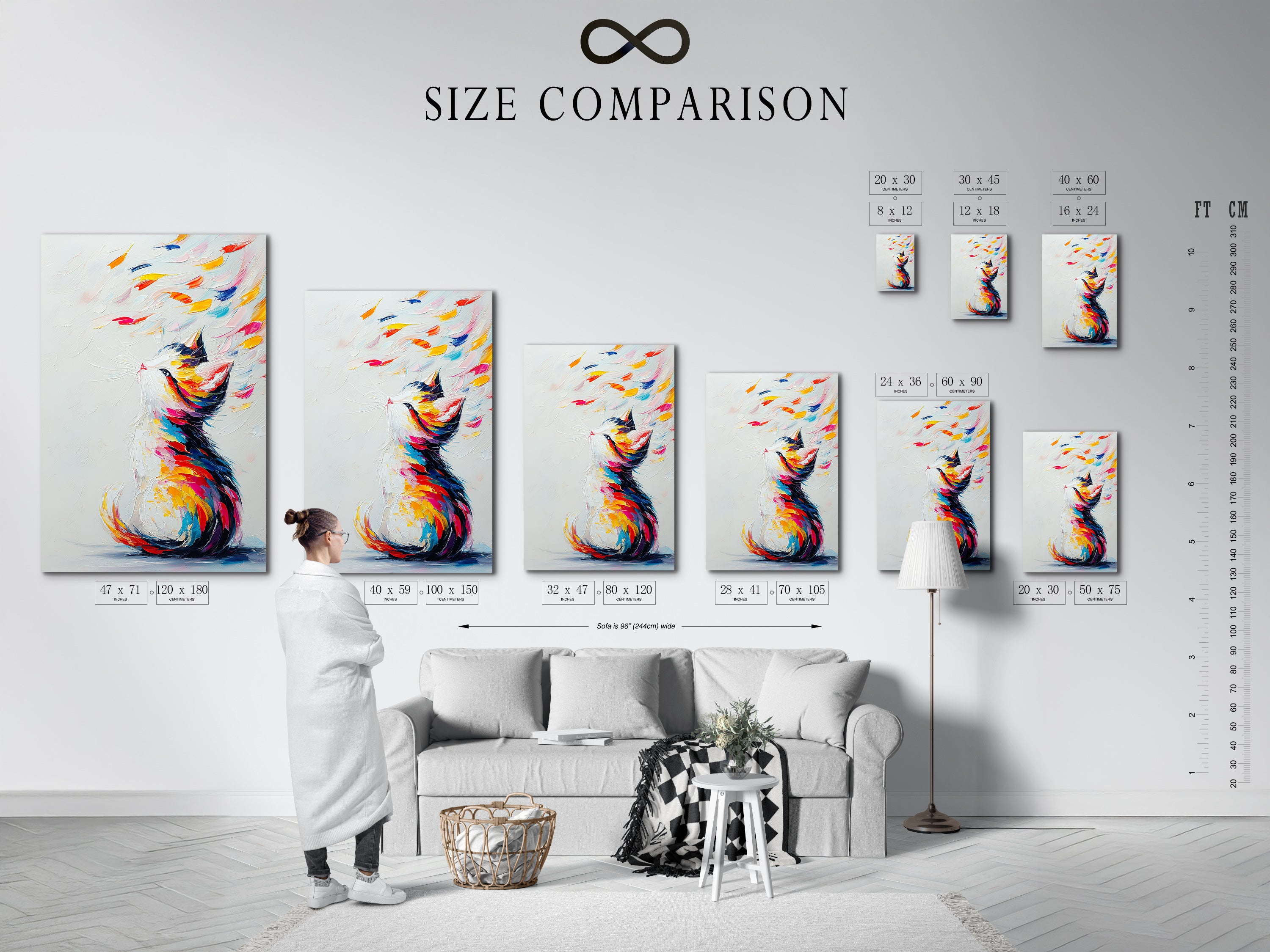A size comparison chart is displayed in an interior setting. Colorful cat artwork options are shown. Choose the perfect size for your space. The abstract pet print is ideal for kids' rooms and nurseries. Find the perfect fit for your wall decor needs. Discover joyful contemporary art.