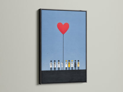 A modern artwork showing medical staff with a red heart balloon. The print is set in a black frame. The black frame adds a bold touch. Perfect as medical wall art or doctor office decor. This artwork celebrates healthcare professionals.