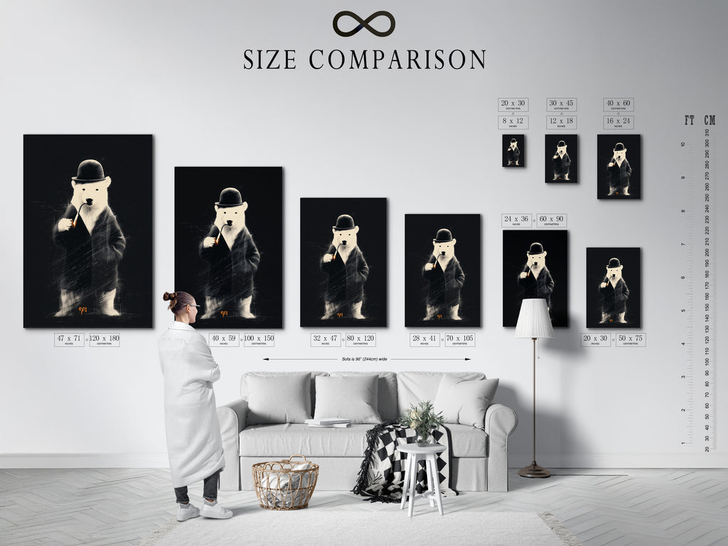 This is a size comparison chart. It shows artwork in a room setting. The chart helps visualize different art sizes. It allows you to choose the perfect piece. Ensure your art fits your space beautifully.