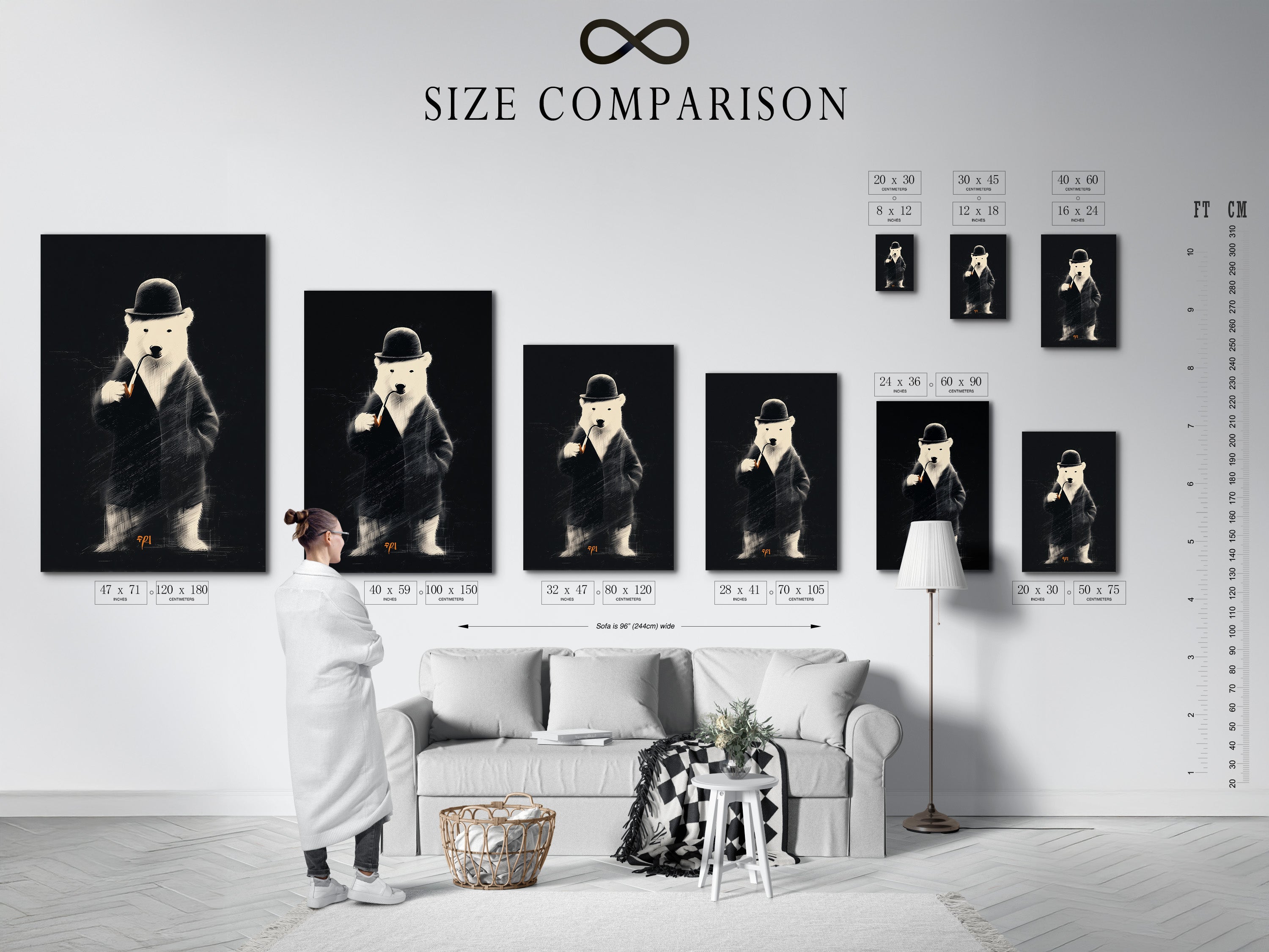 This is a size comparison chart. It shows artwork in a room setting. The chart helps visualize different art sizes. It allows you to choose the perfect piece. Ensure your art fits your space beautifully.