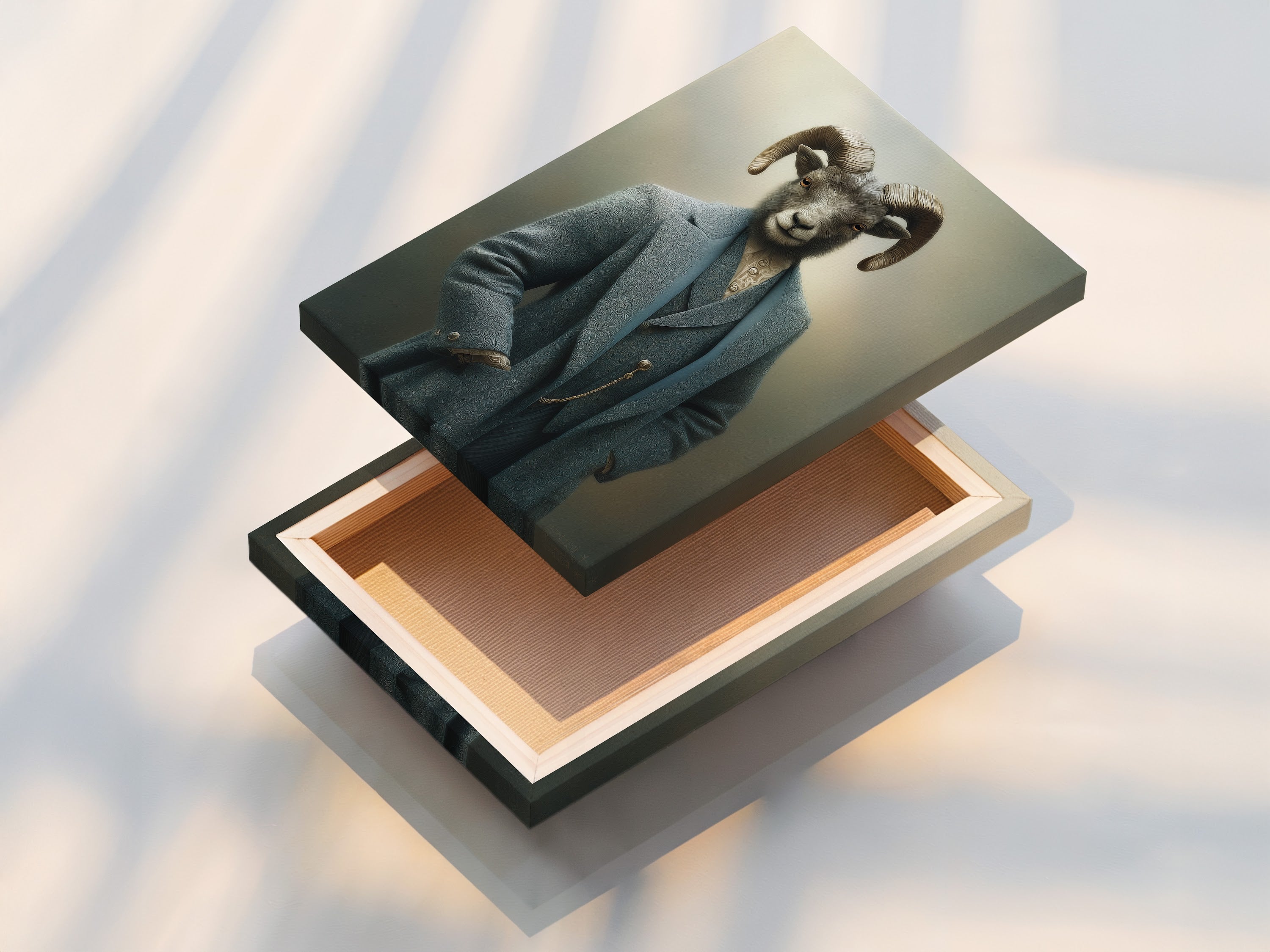 A stretched canvas print of the Ram Portrait artwork is showcased. The stretched canvas print is ready to hang and enjoy. This Victorian animal art adds a touch of sophistication to any space. Perfect for eclectic or office styles it serves as a unique conversation piece.