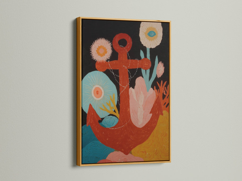 Nautical Anchor Artwork in a Gold Frame. The gold frame accentuates the artwork's rich colors and marine theme. This piece brings a touch of luxury to any space. The red anchor and floral details create a focal point. Perfect for coastal art lovers.