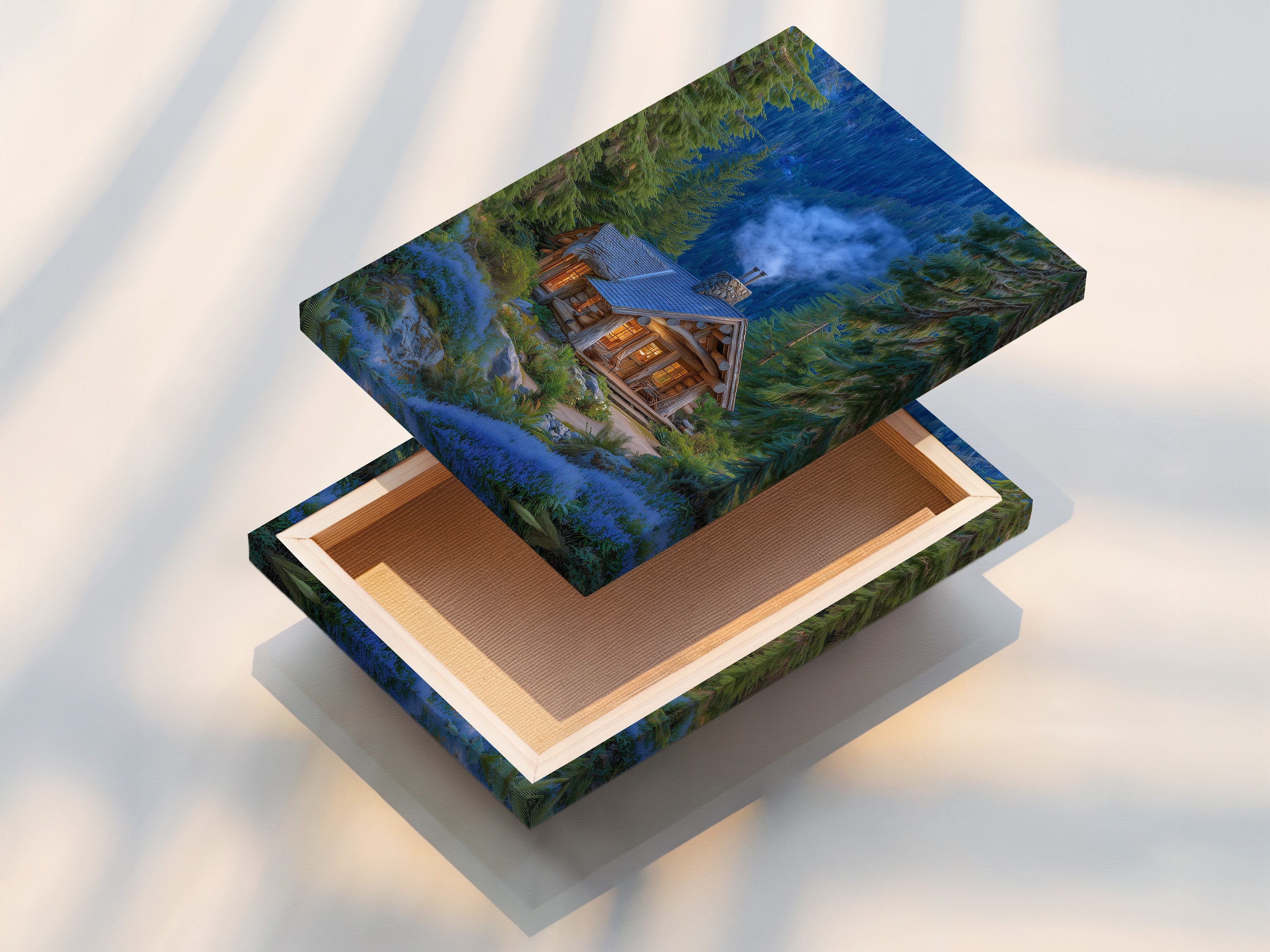 A stretched canvas print displays forest cabin artwork. It features a cozy mountain lodge nestled among pine trees. The stretched canvas provides a gallery-ready look perfect for adding rustic charm to any room. Ideal for homeowners and outdoor enthusiasts.