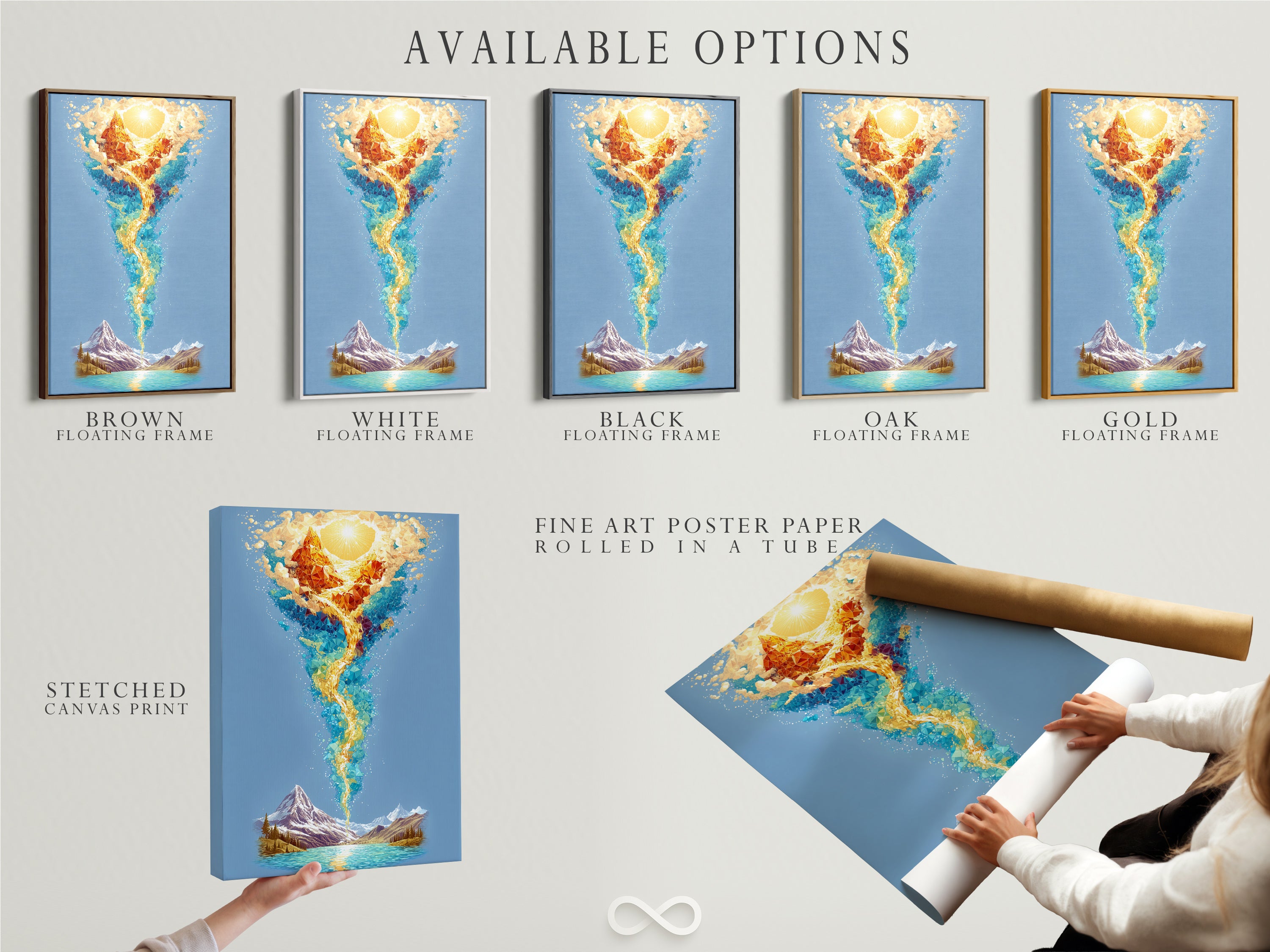 Explore available options for this artwork. Choose between a stretched canvas print fine art poster paper or a floating frame. Customize your fire water art. Enhance your space with this chakra wall art.