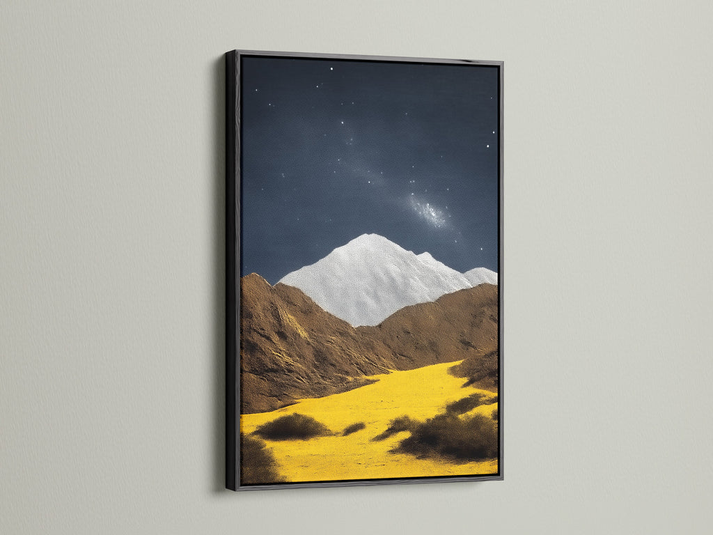 The Mountain Galaxy canvas artwork is striking in a black frame. This modern piece combines mountain art and a galaxy print. The artwork brings earth tones to your landscape wall art. Enhance your study room with celestial decor. This piece is perfect for contemporary spaces.