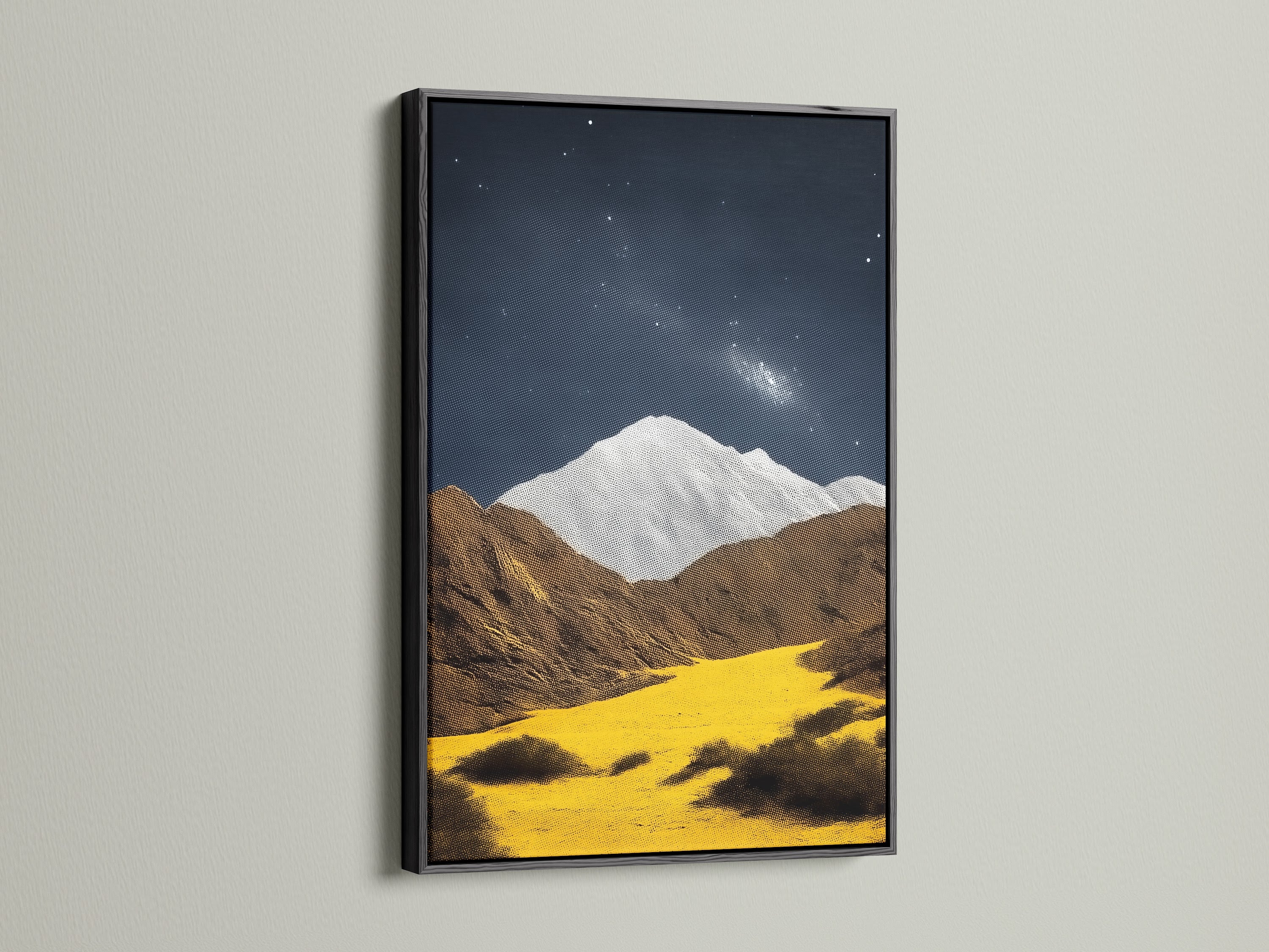 The Mountain Galaxy canvas artwork is striking in a black frame. This modern piece combines mountain art and a galaxy print. The artwork brings earth tones to your landscape wall art. Enhance your study room with celestial decor. This piece is perfect for contemporary spaces.