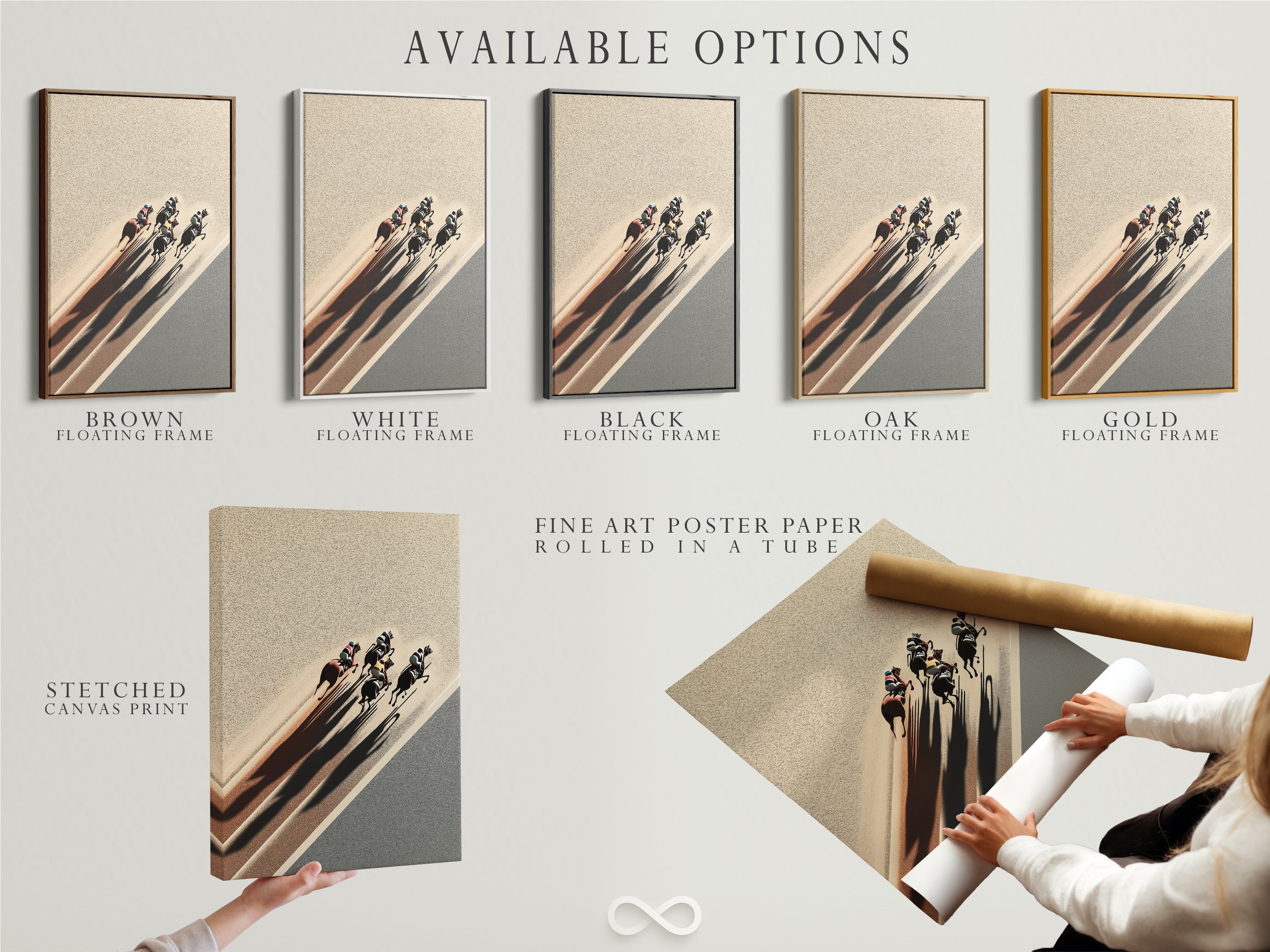 Explore our available options. Choose from stretched canvas prints fine art poster paper and floating frames. Customize your horse racing art. Create the perfect equestrian decor for your space. So many choices.