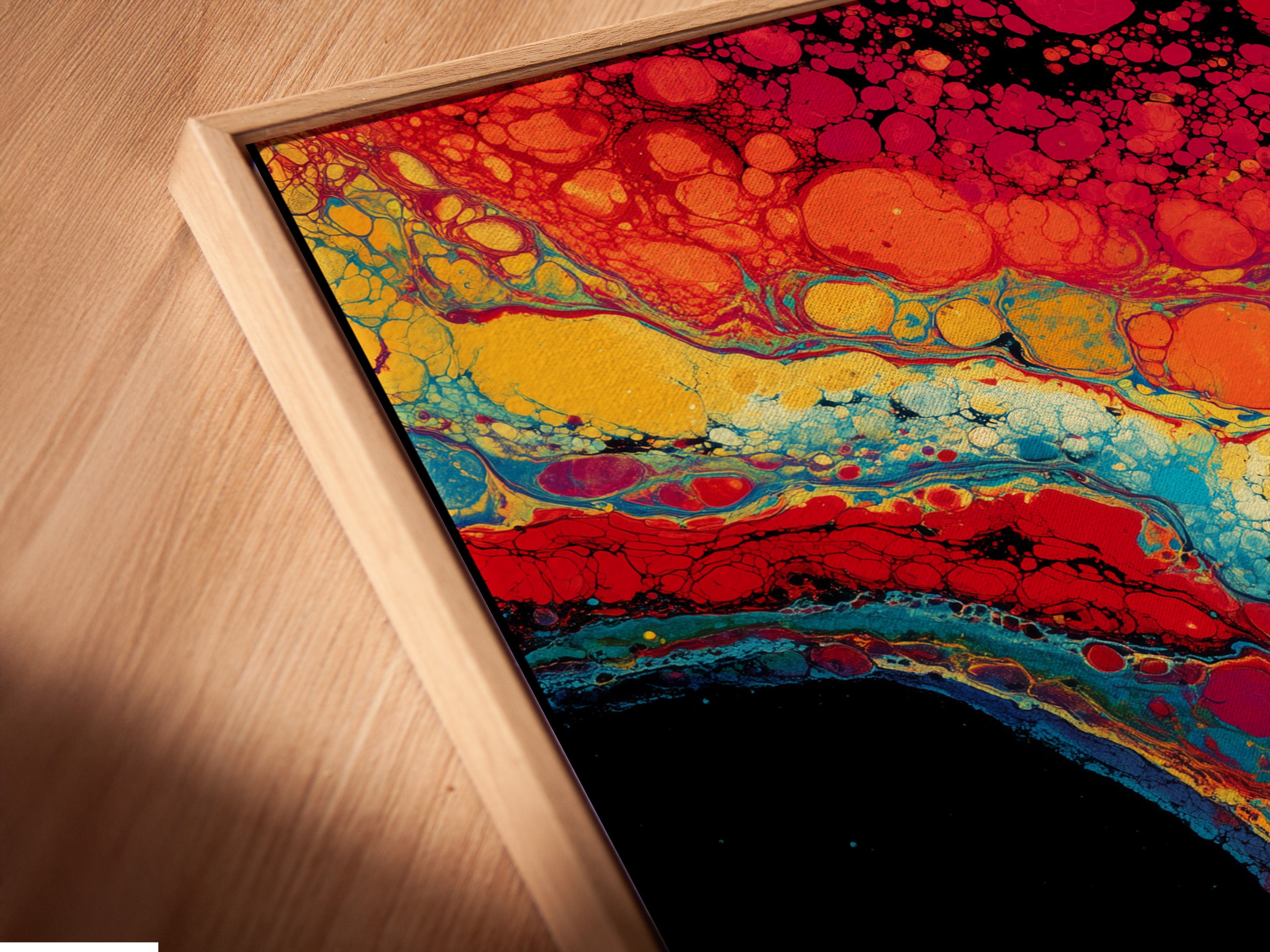 A close-up shot reveals the intricate details of a canvas print. The print is displayed in a floating frame. The floating frame adds depth and dimension to the artwork. The artwork will create a gallery-worthy display in your home. Discover unique art.