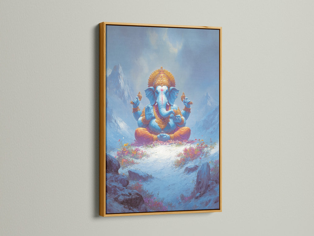 Experience divine art with this Ganesha canvas print. The frame is gold in color. This Hindu God wall art is a spiritual masterpiece. Ideal for yoga studios and meditation rooms. The elephant god print brings peace and harmony.