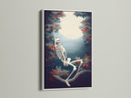 Skeleton Canvas Print in a white frame. This Halloween print is ideal for gothic wall art. Discover macabre art and autumn leaves art. Perfect for dark academia and skeleton decor.