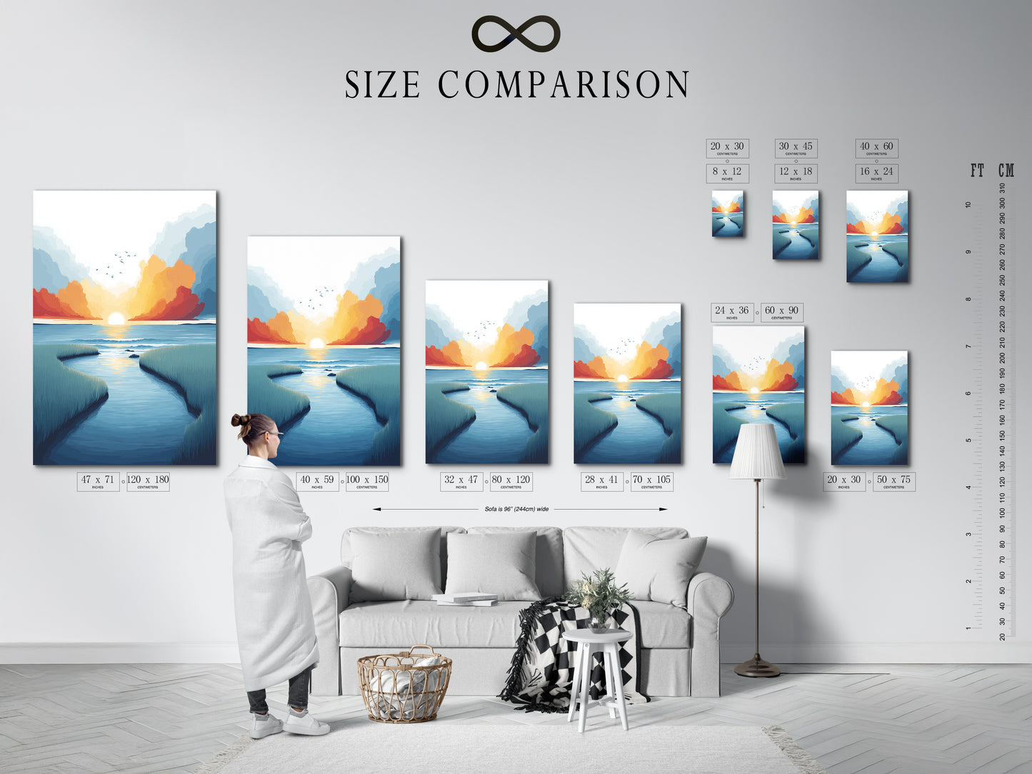 Size comparison chart in an interior setting. Visualize how the coastal marsh canvas print fits your space. The sunset seascape artwork complements various room sizes. Find the perfect dimensions for your teal and coral wall decor.