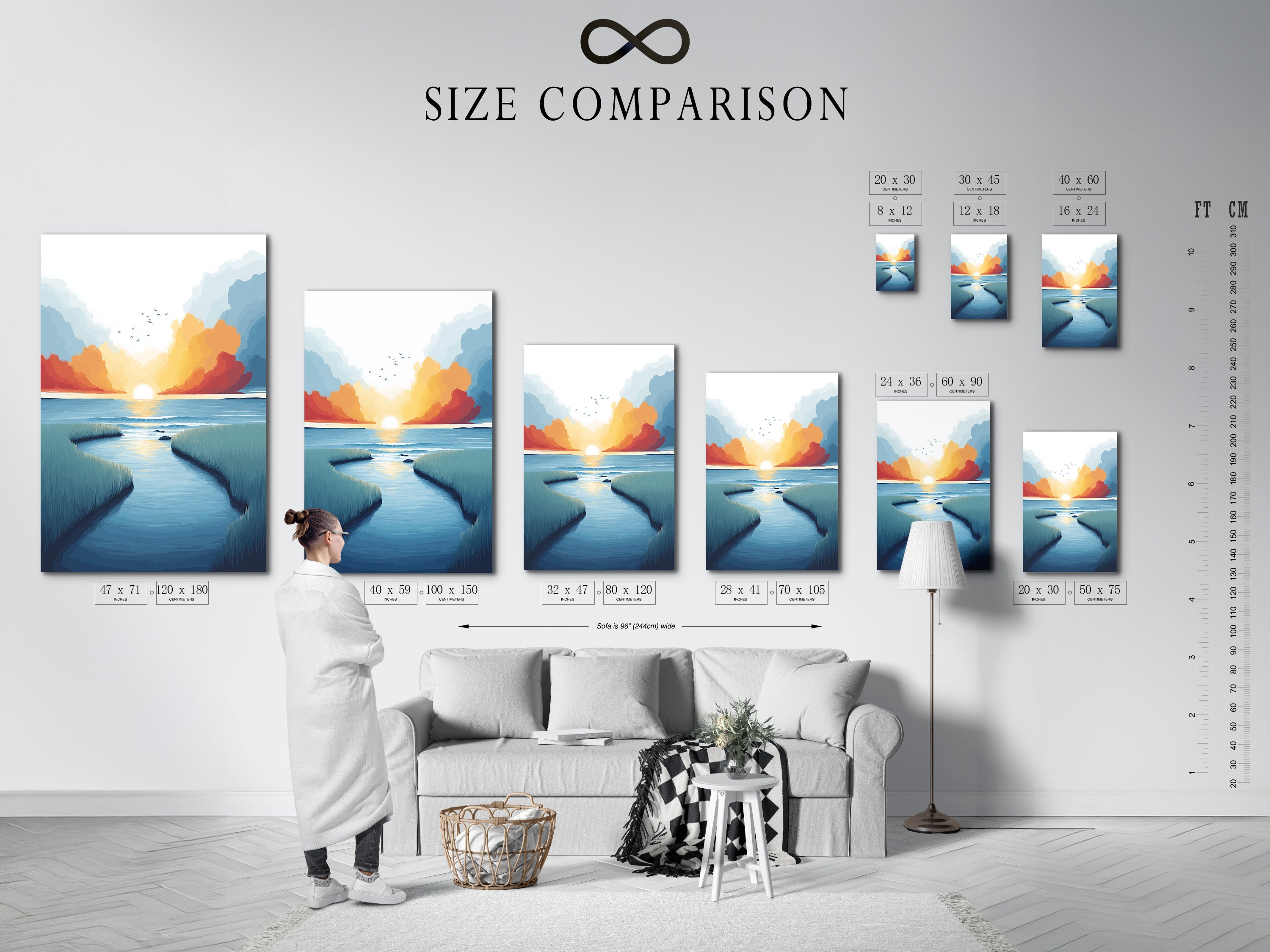 Size comparison chart in an interior setting. Visualize how the coastal marsh canvas print fits your space. The sunset seascape artwork complements various room sizes. Find the perfect dimensions for your teal and coral wall decor.