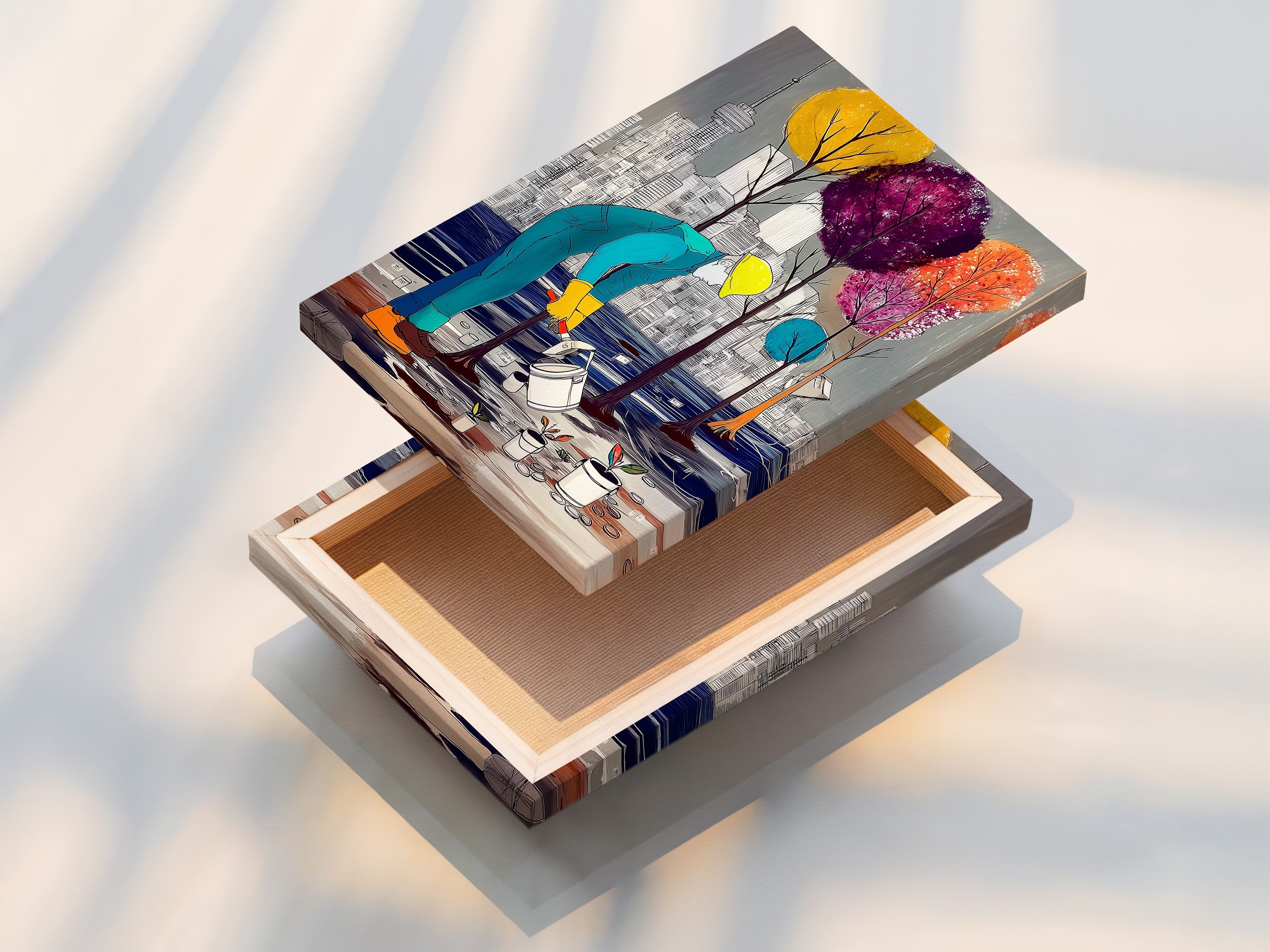 See a stretched canvas print of the City Gardener artwork. The modern artwork is ready to hang and enjoy. Notice the vivid colors and intricate details of the urban landscape. This cityscape canvas brings a modern touch to any room. Perfect for art collectors.