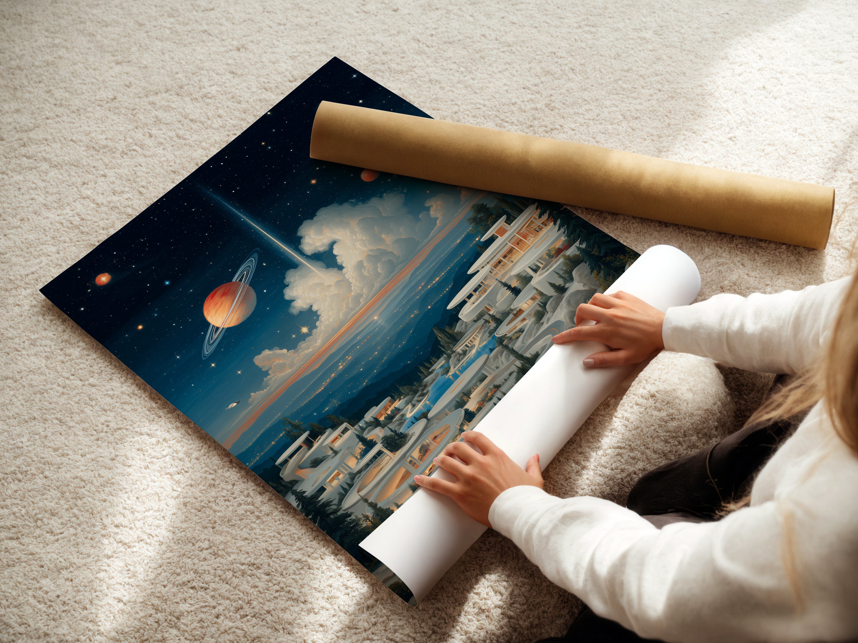 A woman is rolling a fine art poster paper. Preparing a surreal space landscape artwork for display. High-quality retro futurism art ready for framing. Get your cosmic village poster today for dreamy space decor.