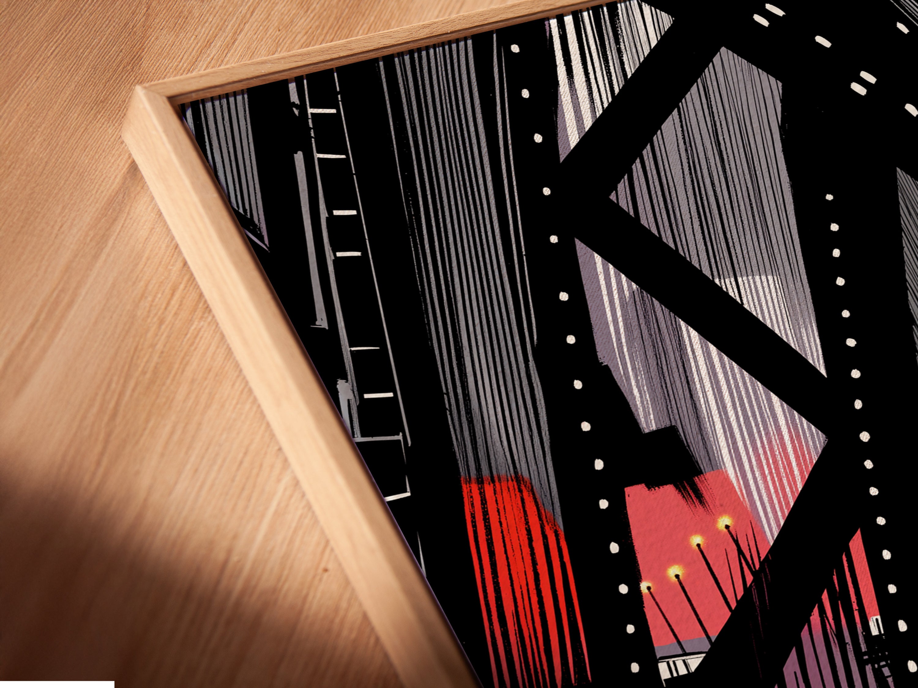 A close up of the City Bridge canvas print in a floating frame. The floating frame gives the artwork depth. It separates the art from the wall. The geometric details stand out. Perfect for modern artwork.