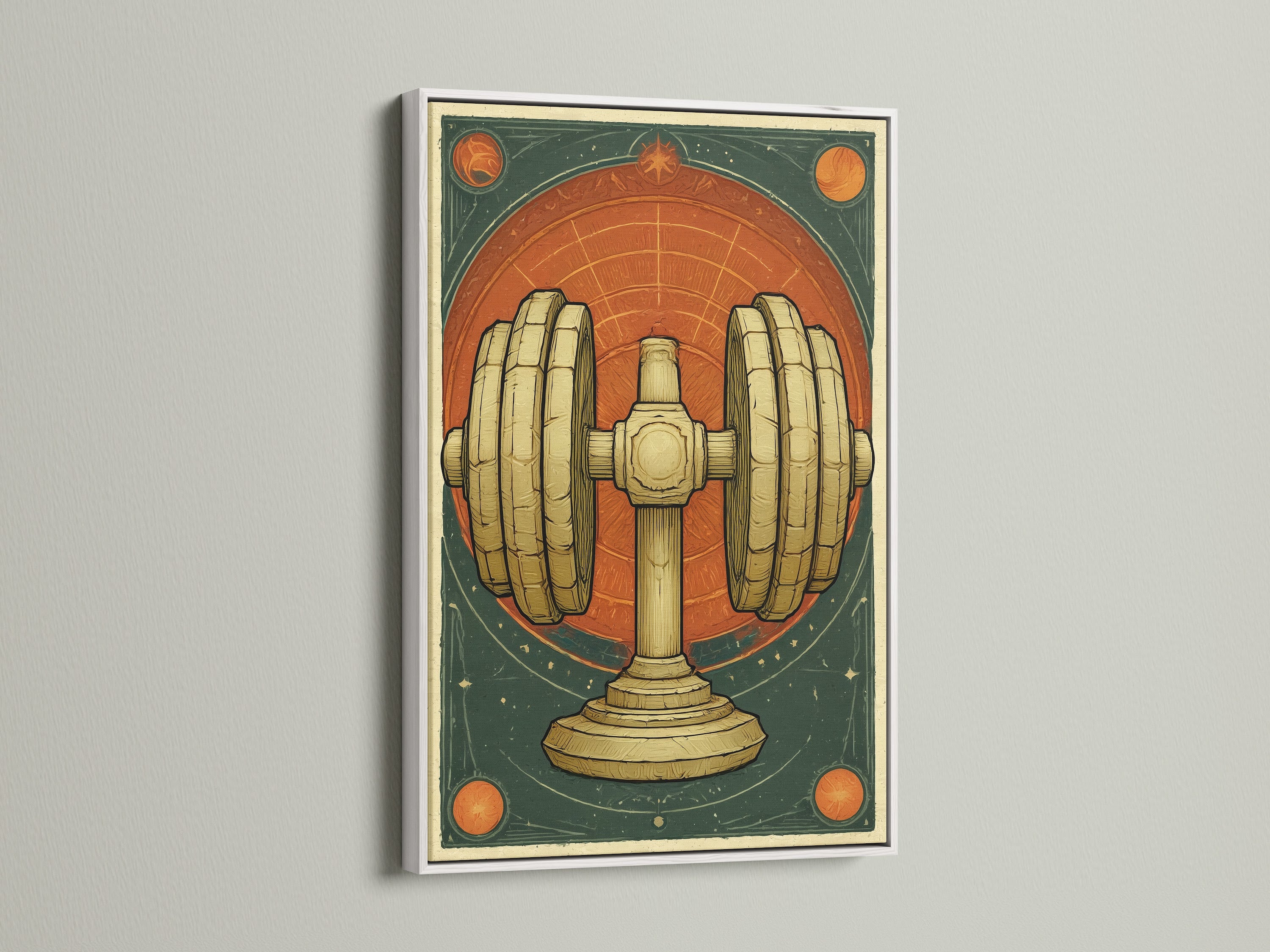 Vintage dumbbell art print with a clean white frame. The artwork is displayed on a neutral wall. It brings a fresh and modern touch to the retro art deco piece. Perfect for a home gym or fitness studio. This fitness wall art adds a stylish and motivational element to your workout space. Enhance your decor with this unique and inspiring artwork.