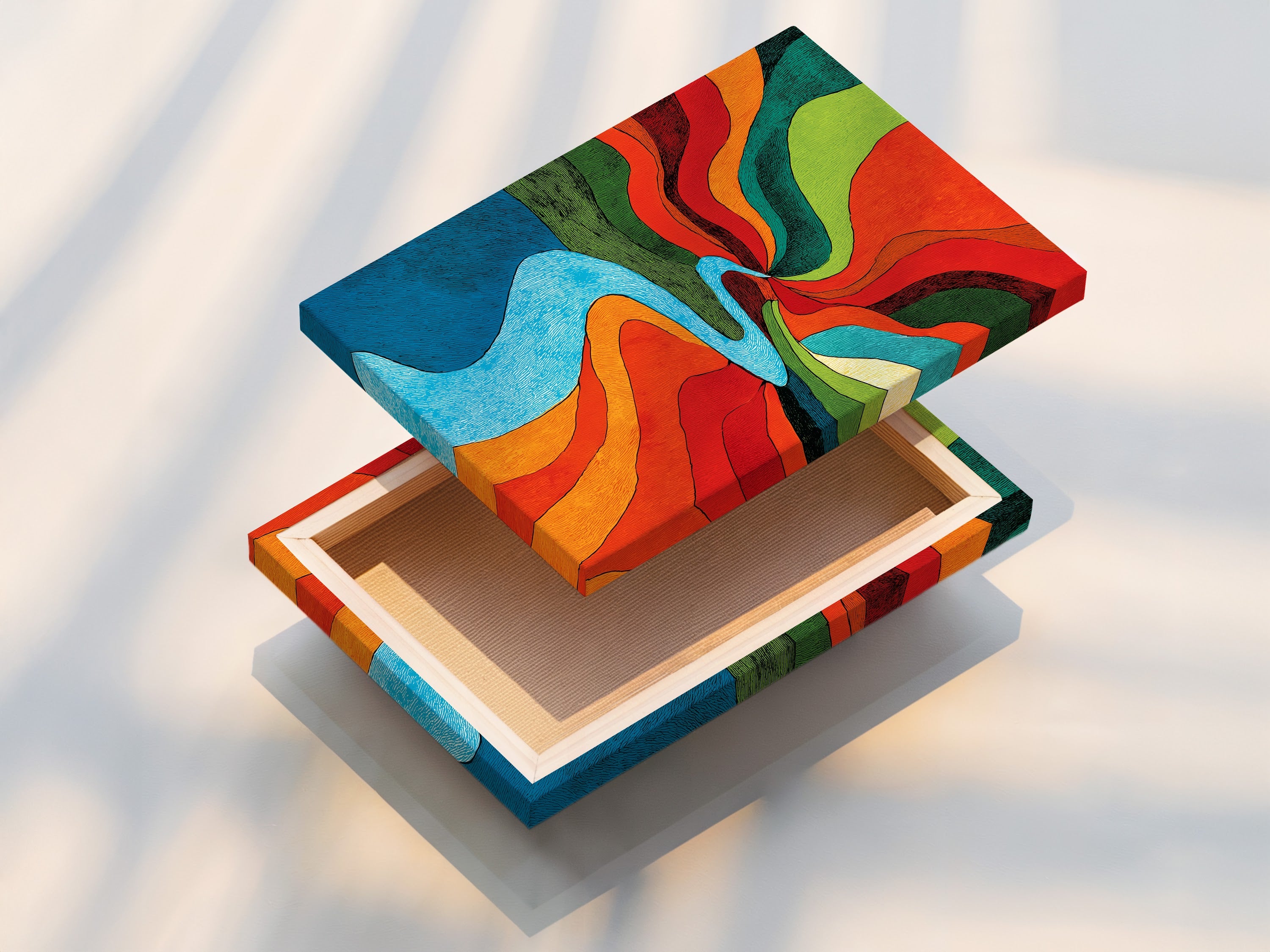 Close-up of a stretched canvas print. The canvas texture enhances the artwork's depth. Stretched canvas prints are ready to hang. Experience the beauty and durability of our high-quality canvas prints.