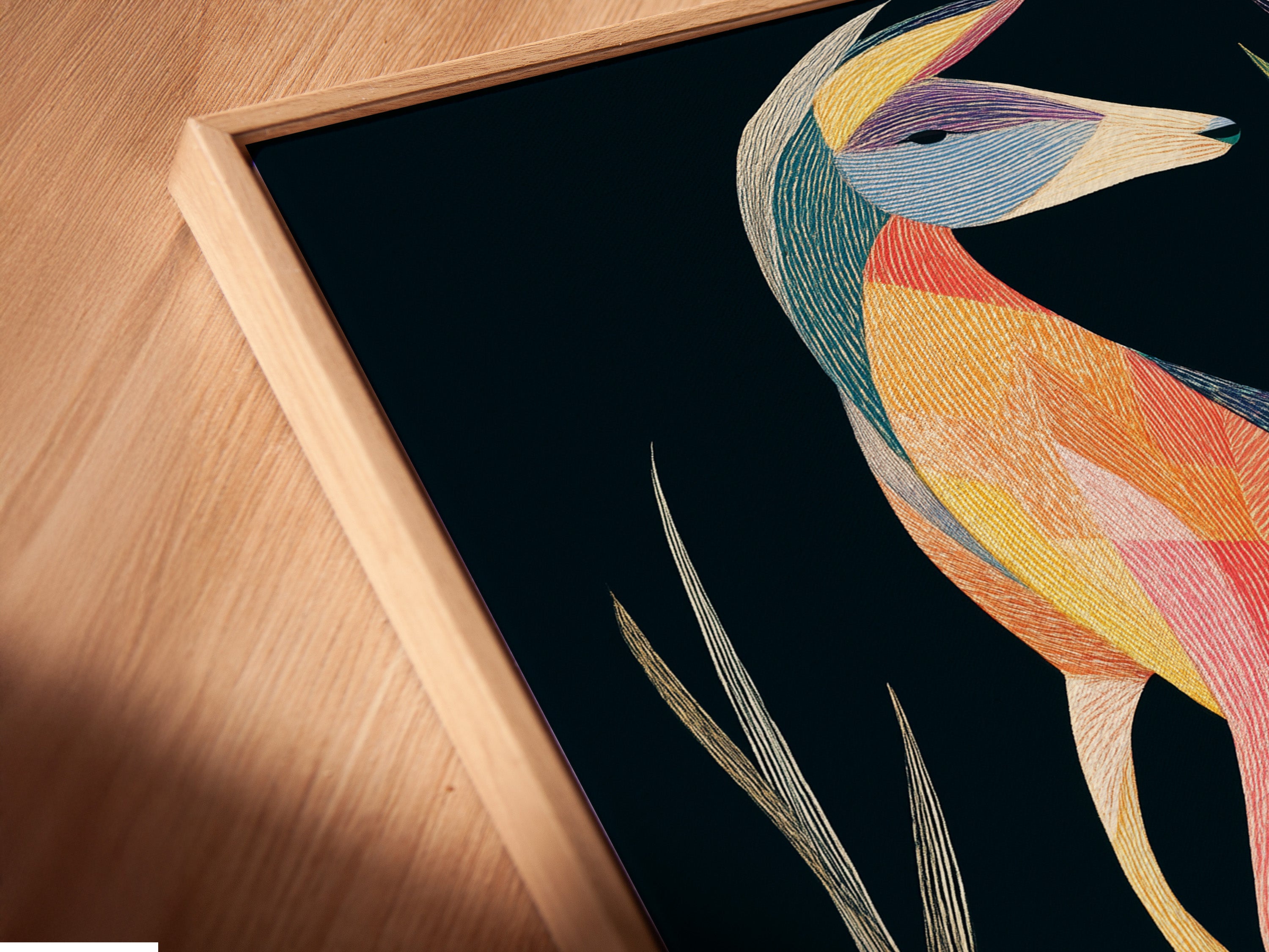 See a close-up of a canvas print. It is beautifully displayed in a floating frame. The floating frame gives a modern and airy feel. This enhances the artwork's visual appeal. Discover the perfect presentation for your art.