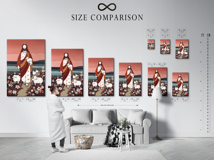 A size comparison chart displayed in an interior setting. Visualize artwork sizes in your living space. Choose the perfect dimensions for your wall decor. See how different sizes complement your room. Helps with art planning.