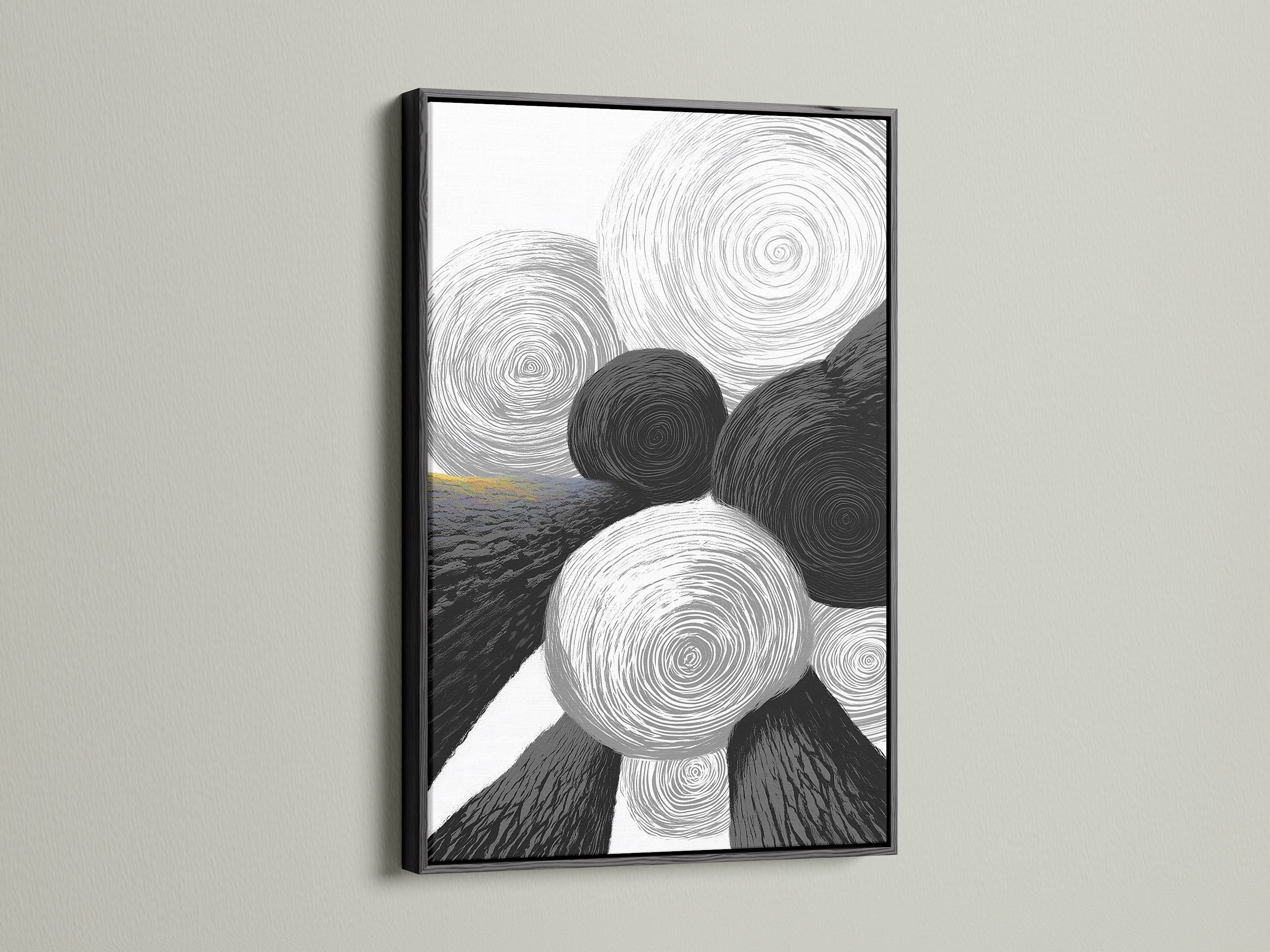 This geometric abstract art print features black and white circles. The art is encased in a sleek black frame. The contrast enhances the modern feel. Ideal for adding a sophisticated touch to your office or living space. This is contemporary art at its finest.