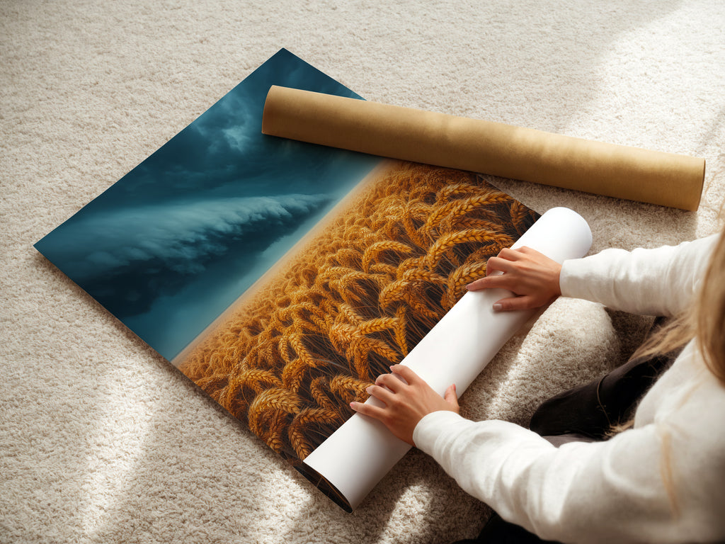 A woman is carefully rolling a fine art poster paper. The paper features a beautiful wheat field artwork. This ensures safe handling and preservation of the artwork. Ready for framing as Farmhouse wall art.