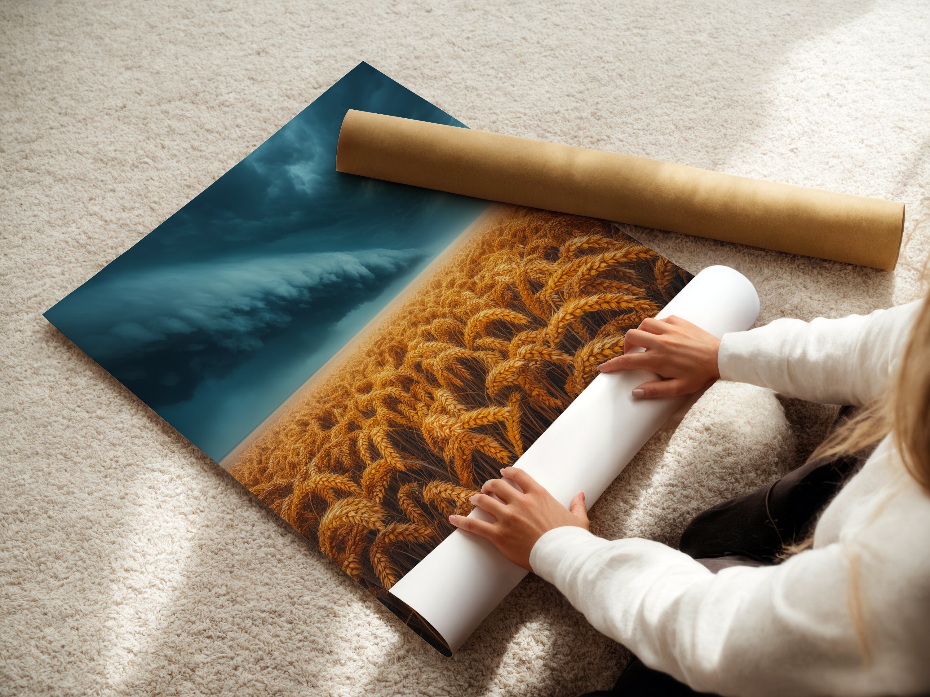 A woman carefully rolling a fine art poster paper print of a wheat field. The golden harvest wall art is ready for framing. This poster is perfect for farmhouse decor. Ideal for homeowners and renters. The prairie landscape brings nature indoors.