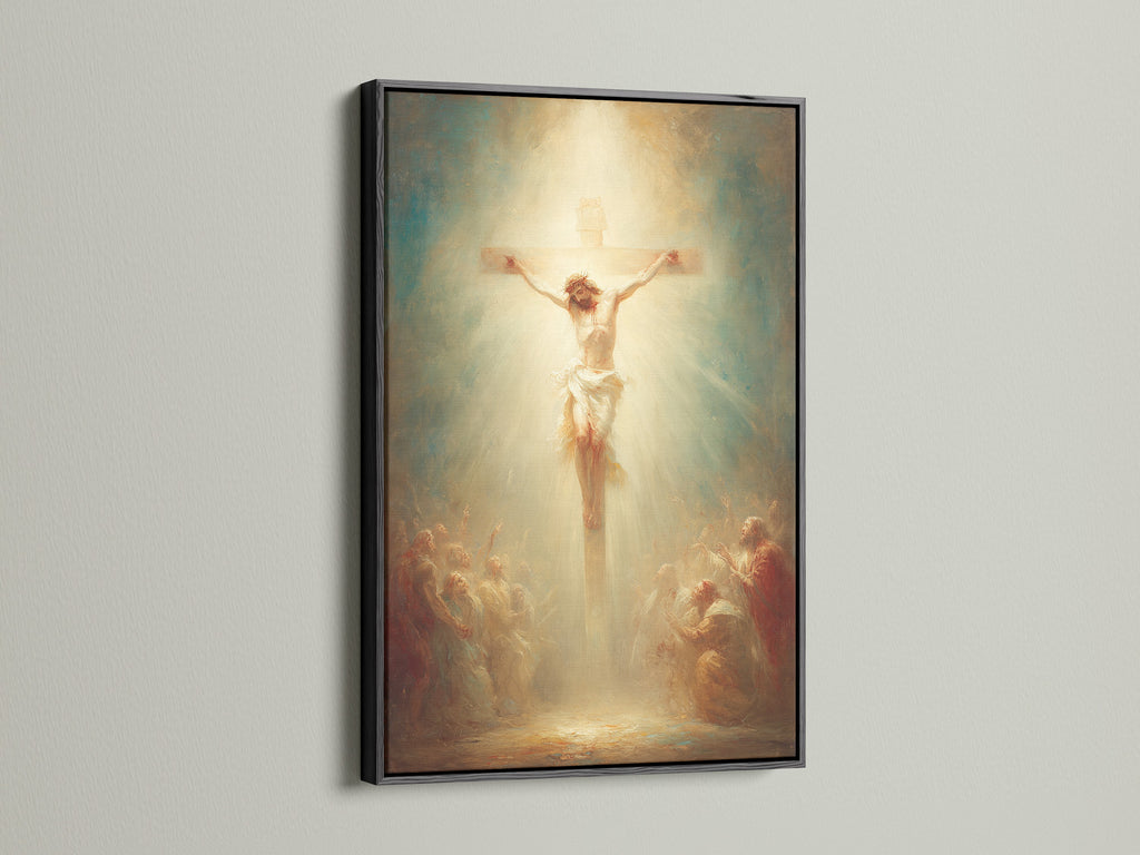 This artwork features Jesus on the cross. It is boldly displayed in a black frame. Black frames offer a modern and timeless look. They provide a striking contrast to the artwork. Discover the impact of a black frame in your home. Explore our black frame options to elevate your artwork. Make a statement with our sleek black frames.