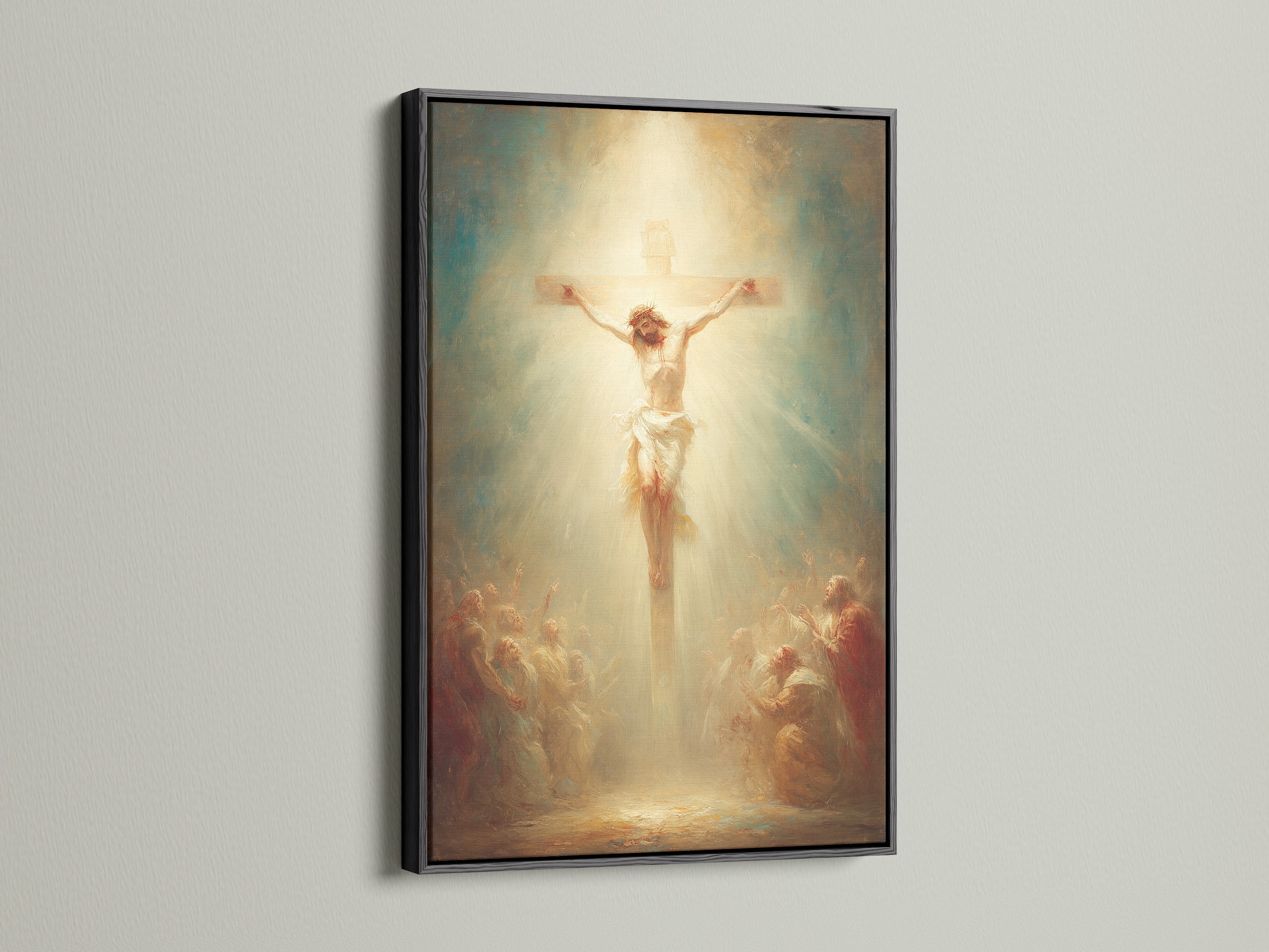 This artwork features Jesus on the cross. It is boldly displayed in a black frame. Black frames offer a modern and timeless look. They provide a striking contrast to the artwork. Discover the impact of a black frame in your home. Explore our black frame options to elevate your artwork. Make a statement with our sleek black frames.