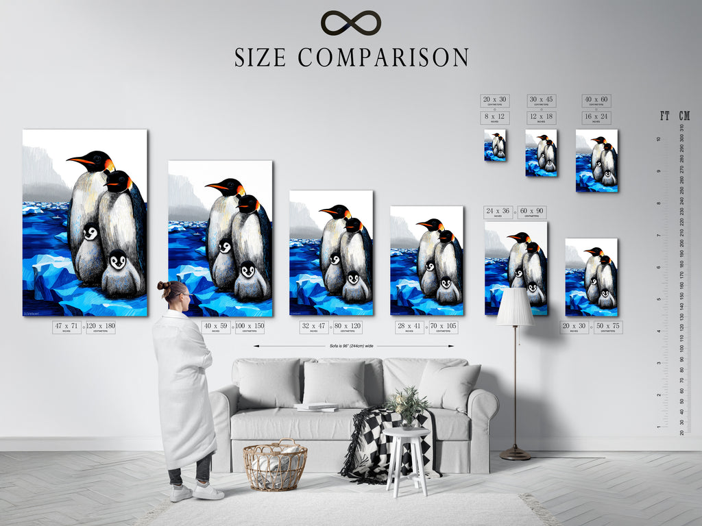 Size Comparison Chart for Penguin Family Art. See how this artwork fits in different spaces. Visualize the impact of this arctic wildlife art in your home. Choose the perfect size for your nursery or kids room decor.