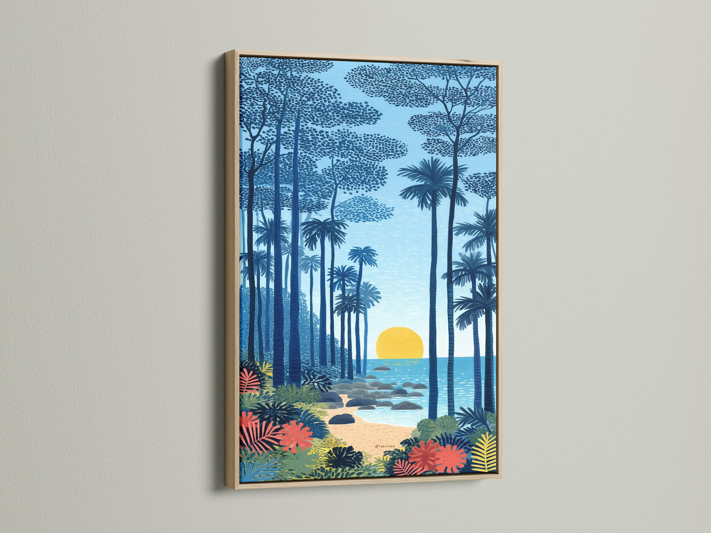 A captivating tropical beach artwork in an oak frame. This coastal artwork brings the beauty of a seashore to your walls. The indigo blue sunset and palm tree art create a relaxing ocean view. Ideal for living rooms bedrooms and vacation homes.
