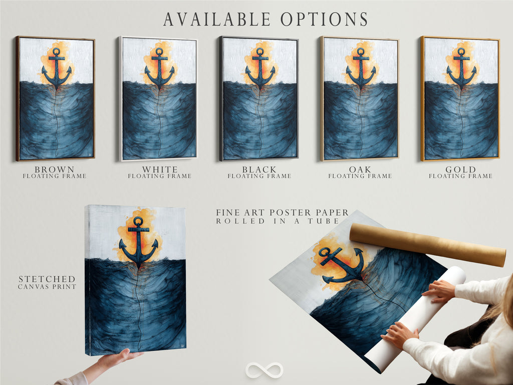 Explore available options for our nautical artwork. The art features an anchor and ocean waves. Choose from stretched canvas print fine art poster paper or floating frame. Customize your coastal decor to match your style. Discover our maritime art.