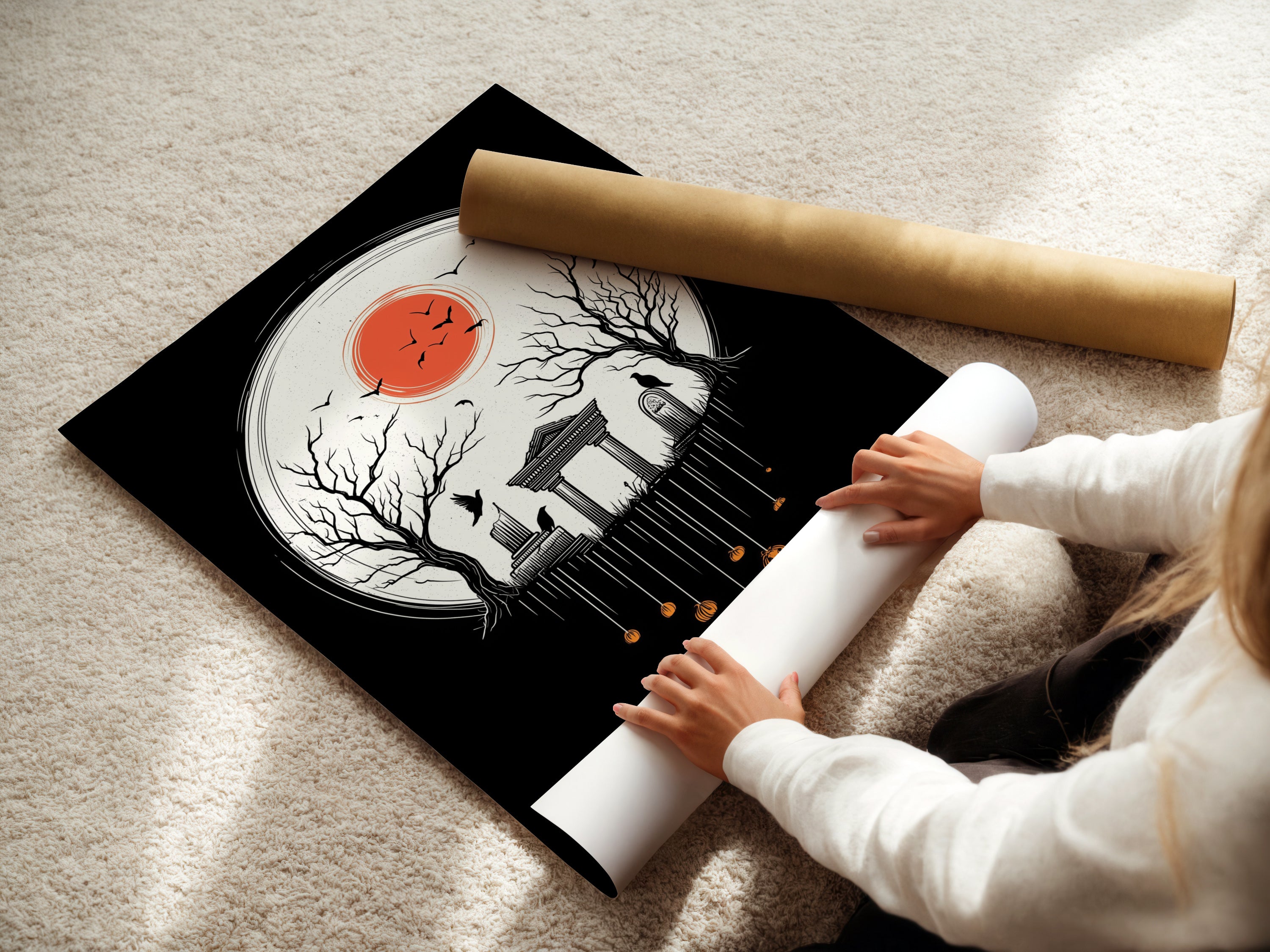 A woman is rolling a fine art poster paper. This paper is ideal for our Halloween Night print. It captures a spooky cemetery scene. It makes an excellent choice for gothic wall art and fall season decor.