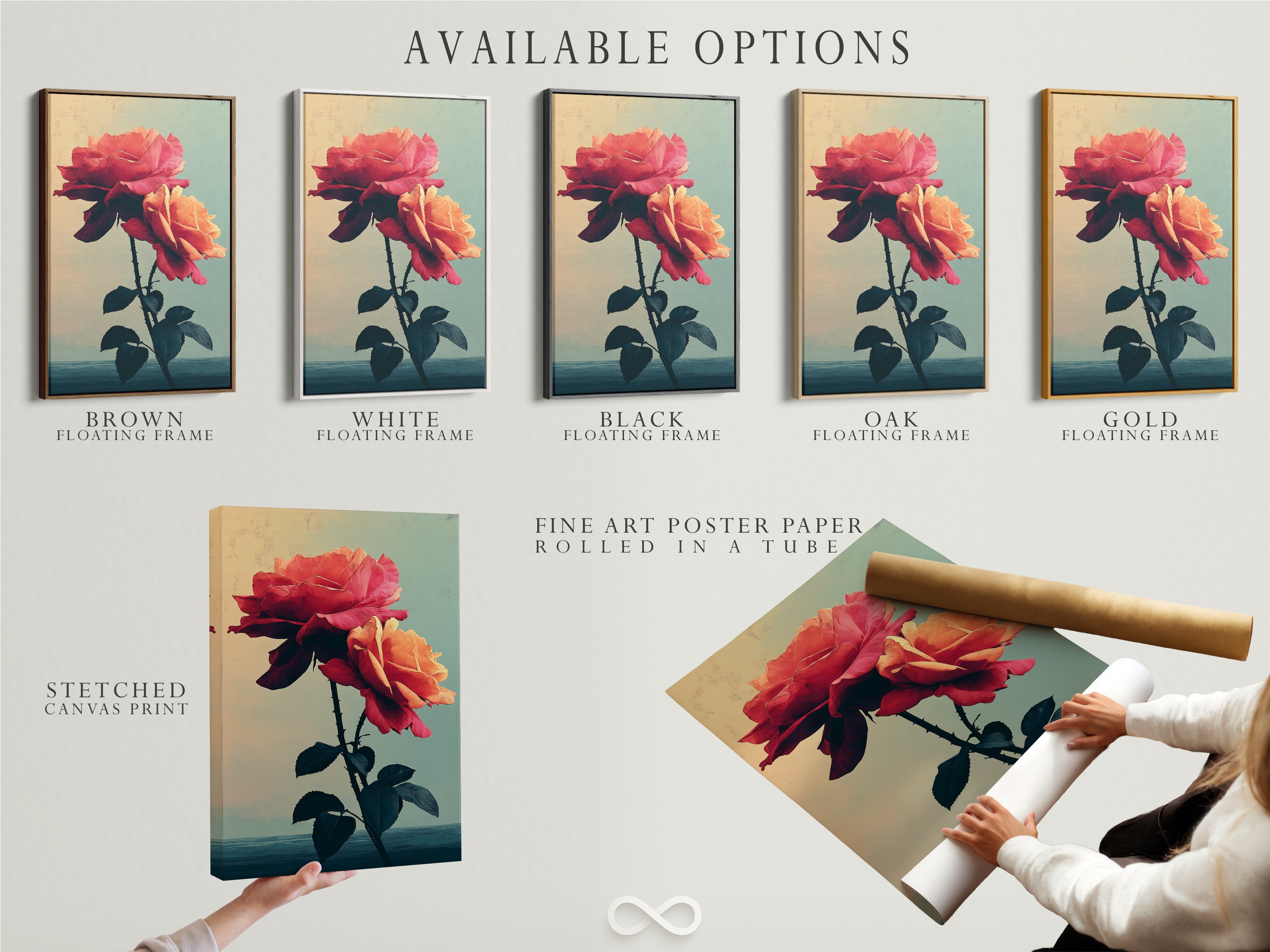 Available options are showcased including stretched canvas prints fine art poster paper and floating frames. Choose the perfect format for your vintage floral rose artwork. Enhance your bedroom decor with a botanical flower poster. Ideal for homeowners and flower enthusiasts seeking distinctive Wall Art.