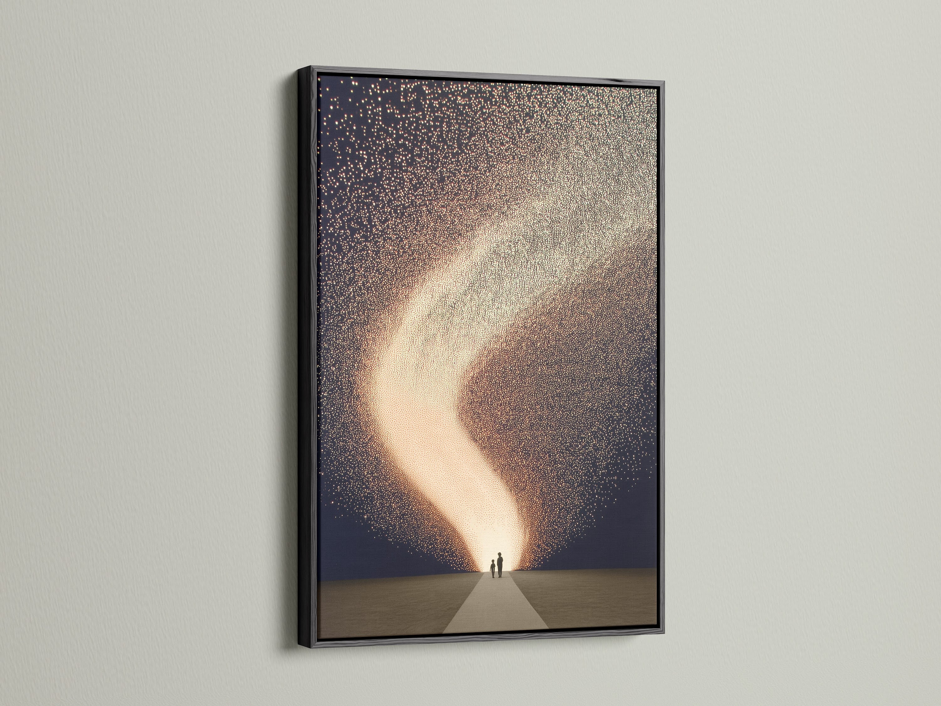 Modern art print in a classic black frame. The celestial canvas print features a cosmic wall art theme. Ideal for adding abstract artwork to your living room decor. This sparkle canvas brings a dreamy feel to any space. A perfect piece for homeowners and business owners seeking elevated wall art.