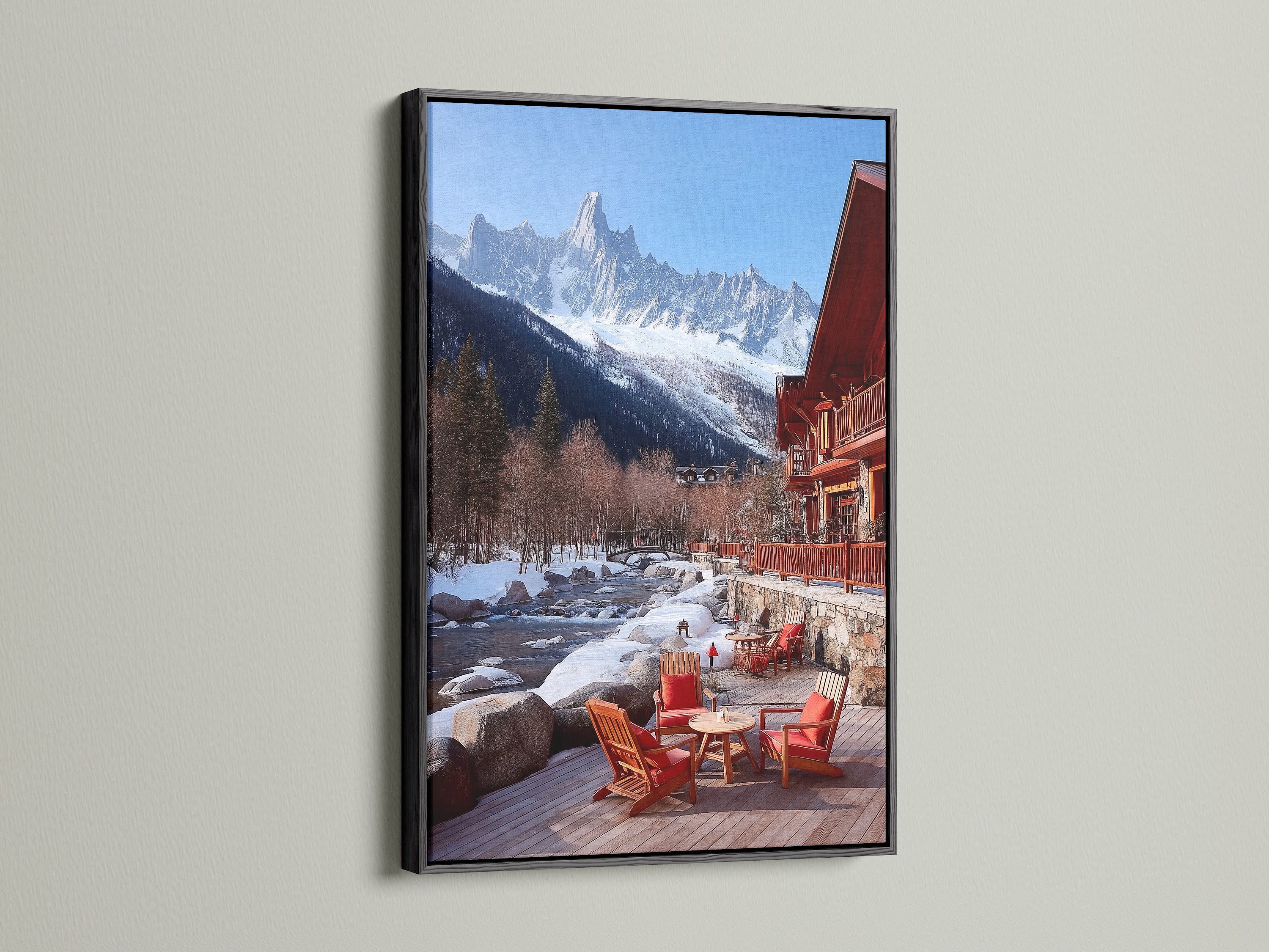 This mountain chalet canvas artwork is showcased in a black frame. The snowy Alps wall art adds a touch of rustic elegance. Great lodge artwork for cabin decor. The black frame provides a modern edge. It complements any interior with its winter beauty.