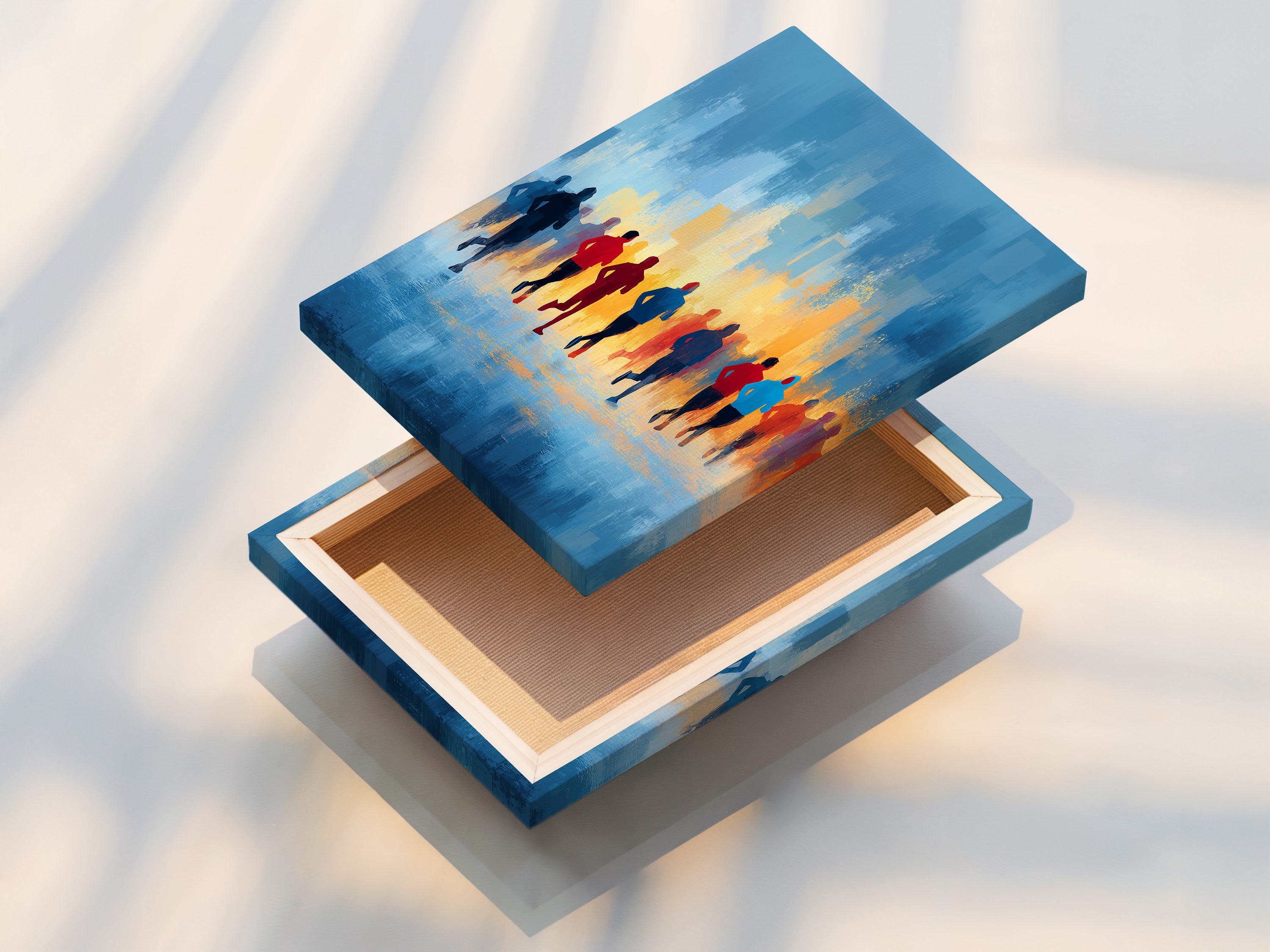 Stretched canvas print showcasing abstract sports artwork of marathon runners. The blue and orange hues create a motivational and contemporary piece. Ideal for fitness enthusiasts and runners. Enhance your home gym or living room with this inspiring wall art. 