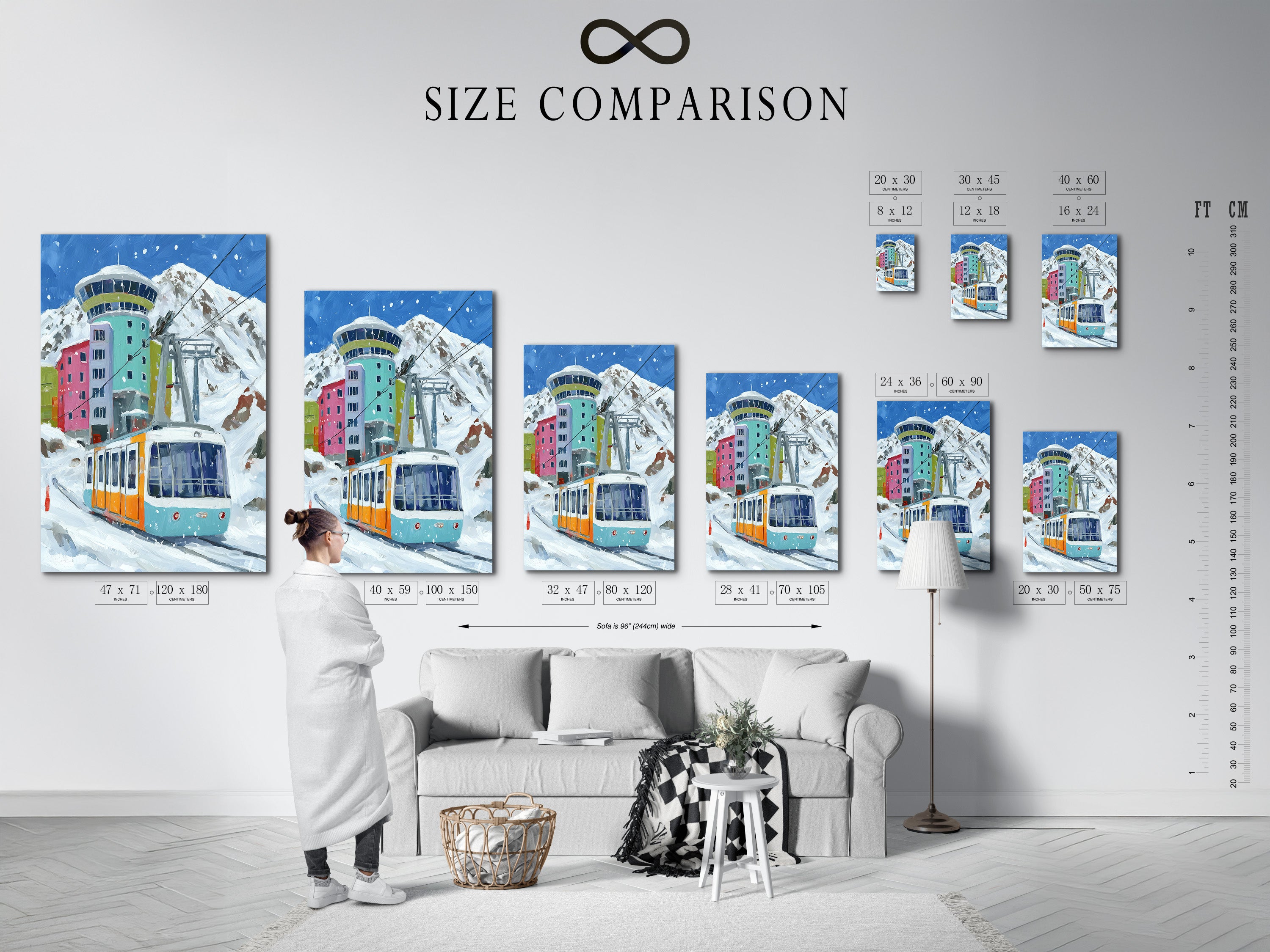 A size comparison chart shows the alpine cable car art in an interior setting. Visualize the perfect size for your space. See how this mountain village artwork fits into different rooms. Choose the ideal size for your needs.