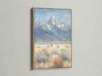 A captivating mountain and highland cattle artwork is showcased in an oak frame. This piece enhances rustic farmhouse decor. The landscape painting adds countryside art to your space. It's perfect for homeowners and interior designers seeking rustic wall art.